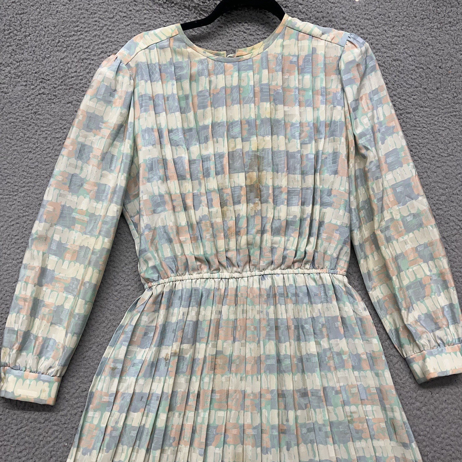 60’s 70’s Mavinette Dress Womens 14 Blue Geometric Accordion Secretary Vintage