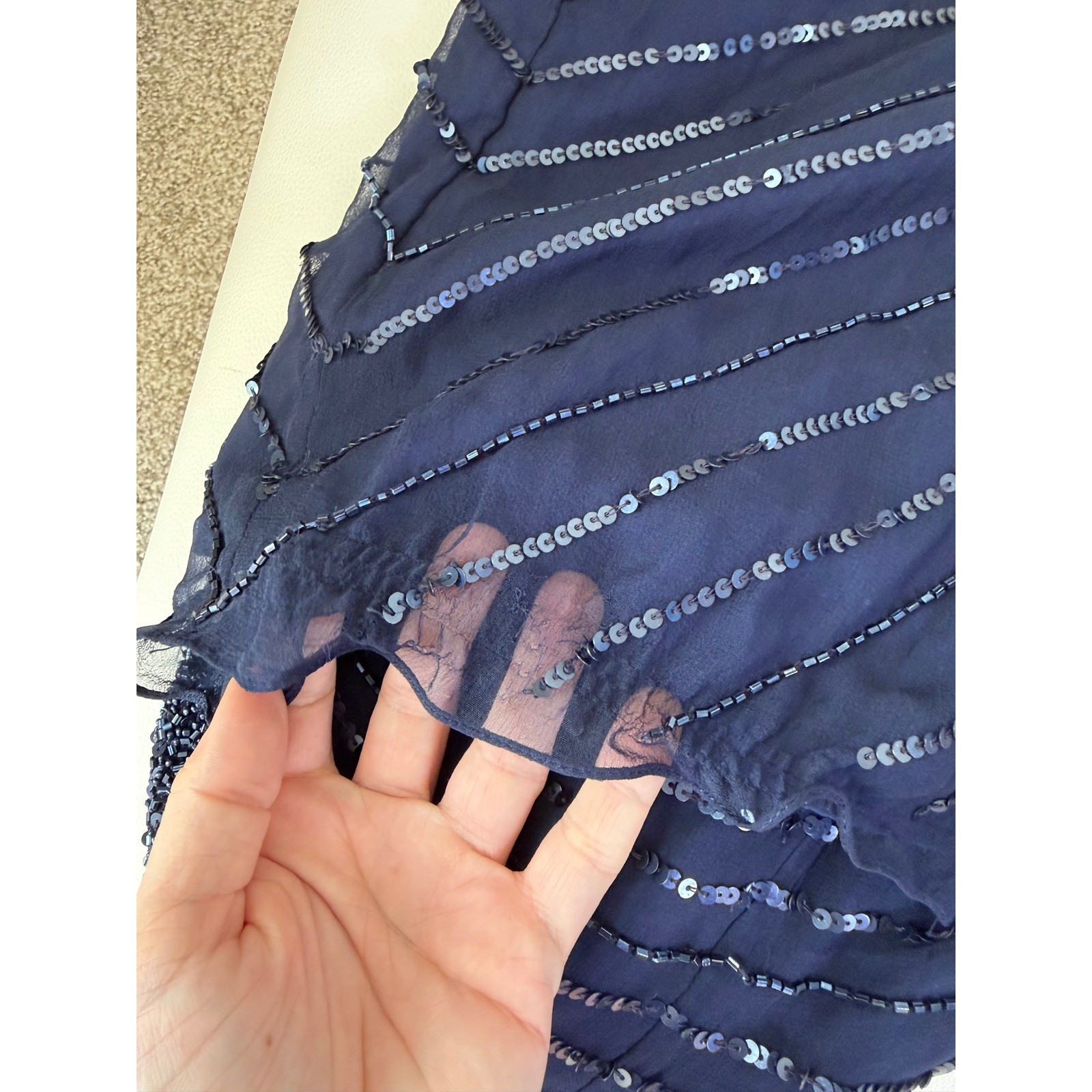Vtg Navy Blue Pure Silk Beaded V Neck Dress Womens 0 Regal Luxury Fairy Event