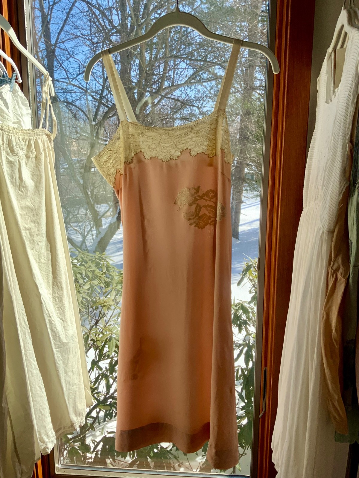 1940s Peach Silk Slip Dress with Antique Lace Appliqué — Pure Silk Boudoir Dress