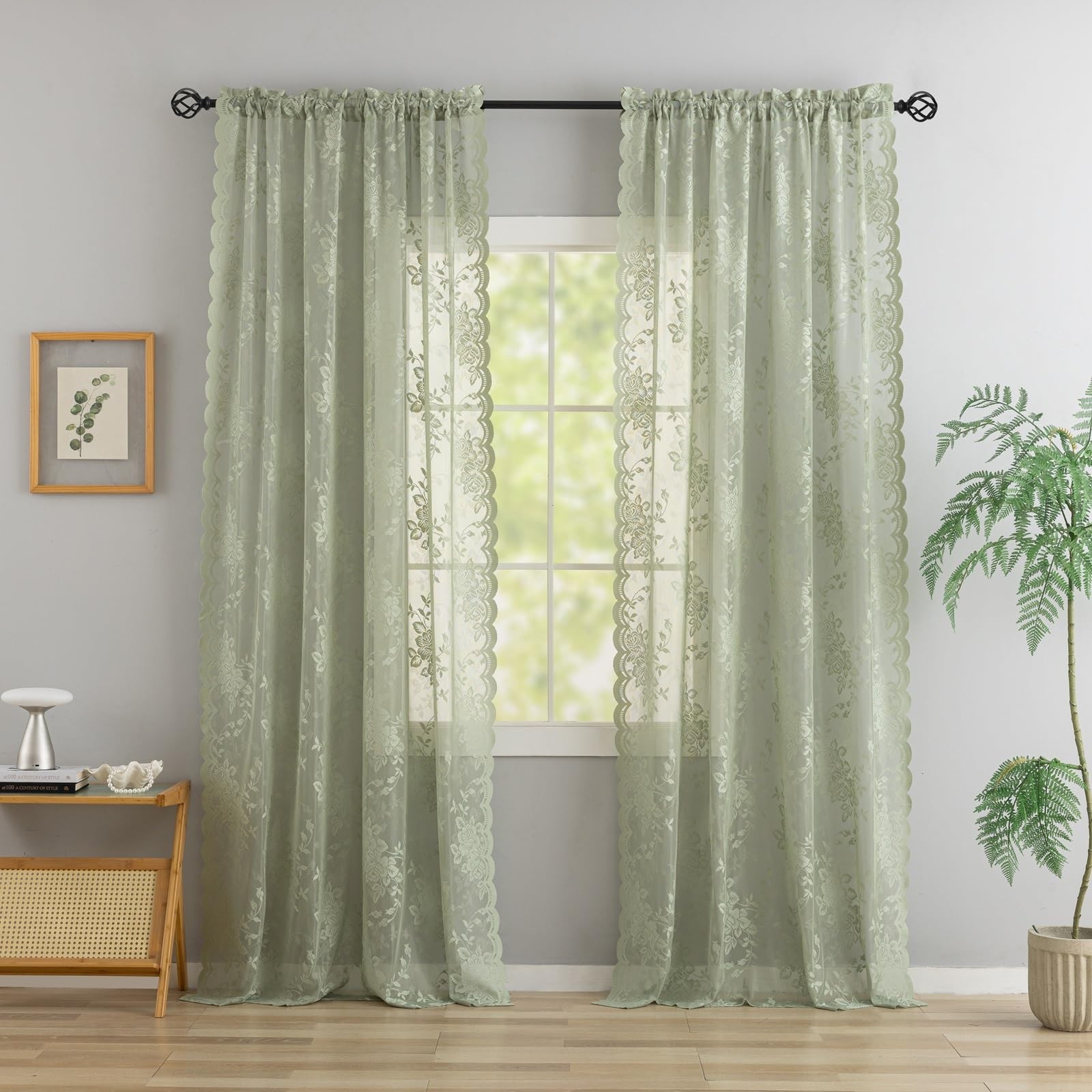 YJ YANJUN Sage Green Lace Curtains 84 inches Long Vintage Victorian Floral Sh…