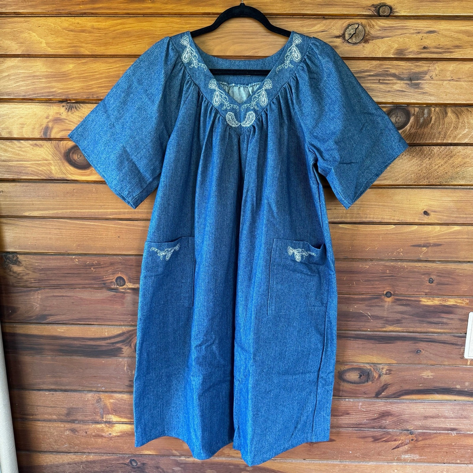 VTG Handmade Cotton Denim Caftan Smock Mumu House Dress Size Small