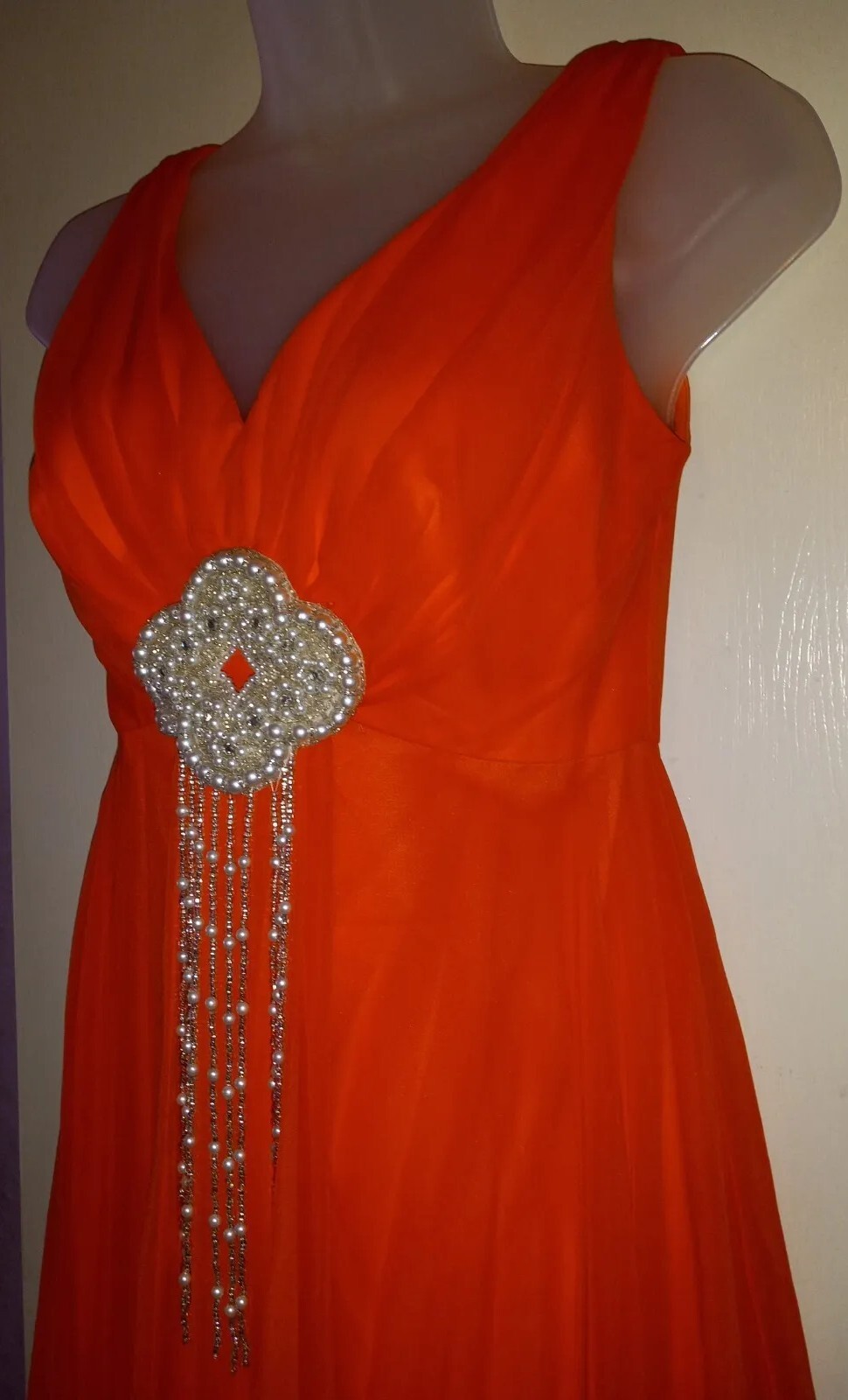 Vintage 60s Mike Benet Orange Sheer Chiffon Gown Dress Formal Beaded Applique S