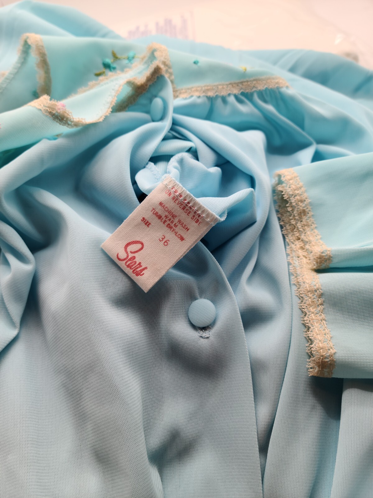 Vintage Sears Medium 2 pc. Nightgown Robe, Blue w/ Lace and Floral Embroidery M