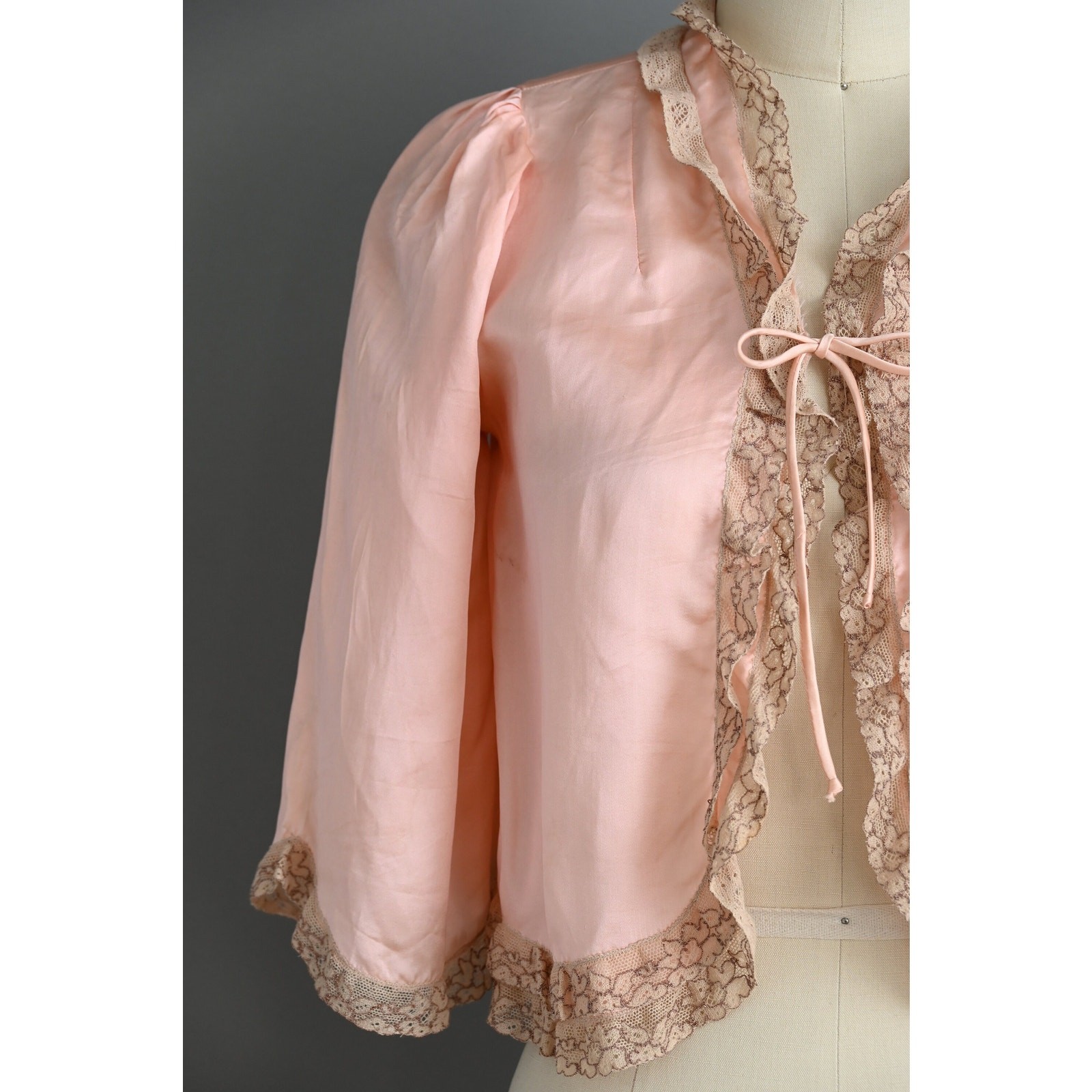 Vintage 1940s Lingerie Bed Jacket | Pink Silk Satin Lace Caplet | Small Medium