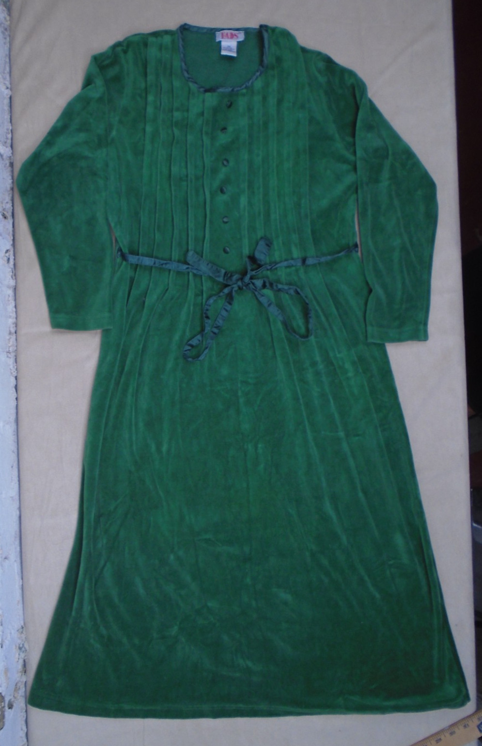 Vintage FADS Maxi Dress Medium Green Velour Long Sleeve Cottage Prairie 80s 90s