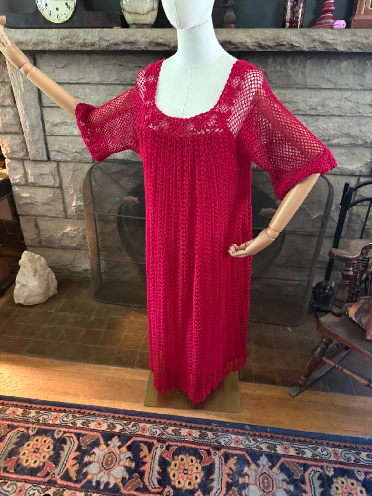 Vintage Loose Fit Red Crocheted Dress Large Bust 42 Thums Up