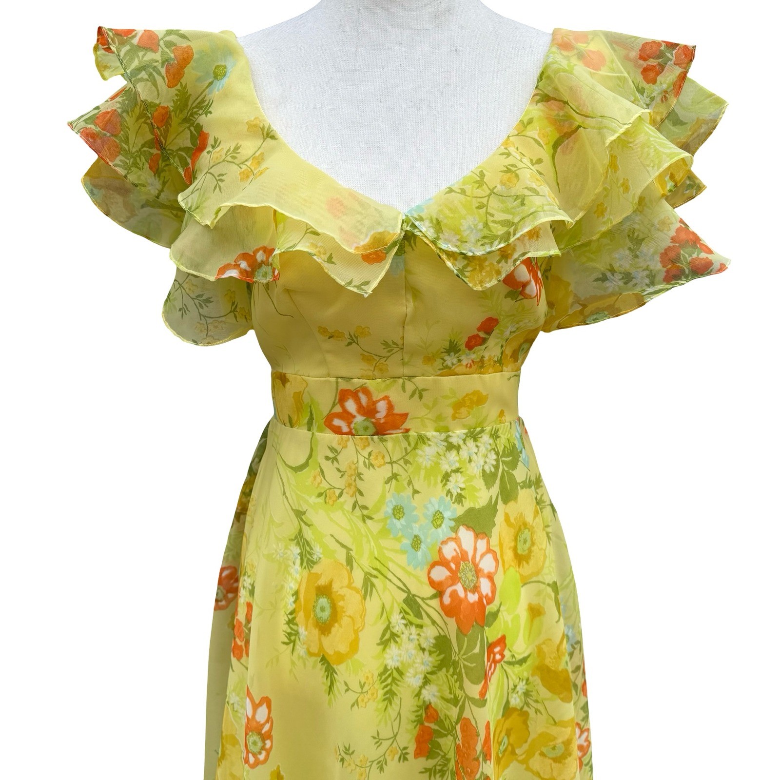 Vintage 70s Butter Yellow Floral Cottagecore Chiffon Ruffle Tiered Maxi Dress XS
