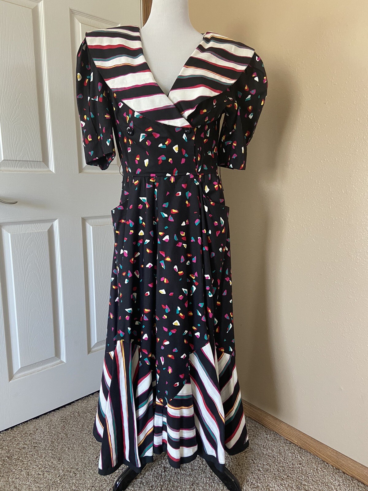 Vintage 80’s Choon California Dress Full Skirt Pockets Size 6 8 ? Colorful Twirl