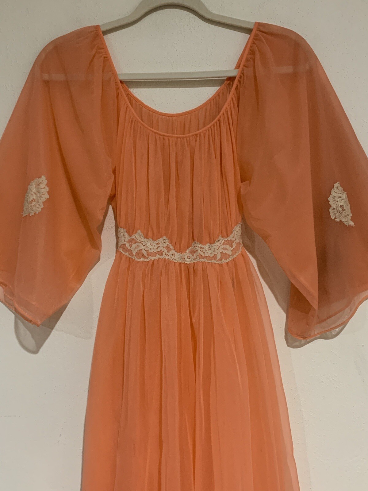 VTG S M Nightgown Orange Double Chiffon Nylon Lace Trim Tie Back Ro-Vel Calif