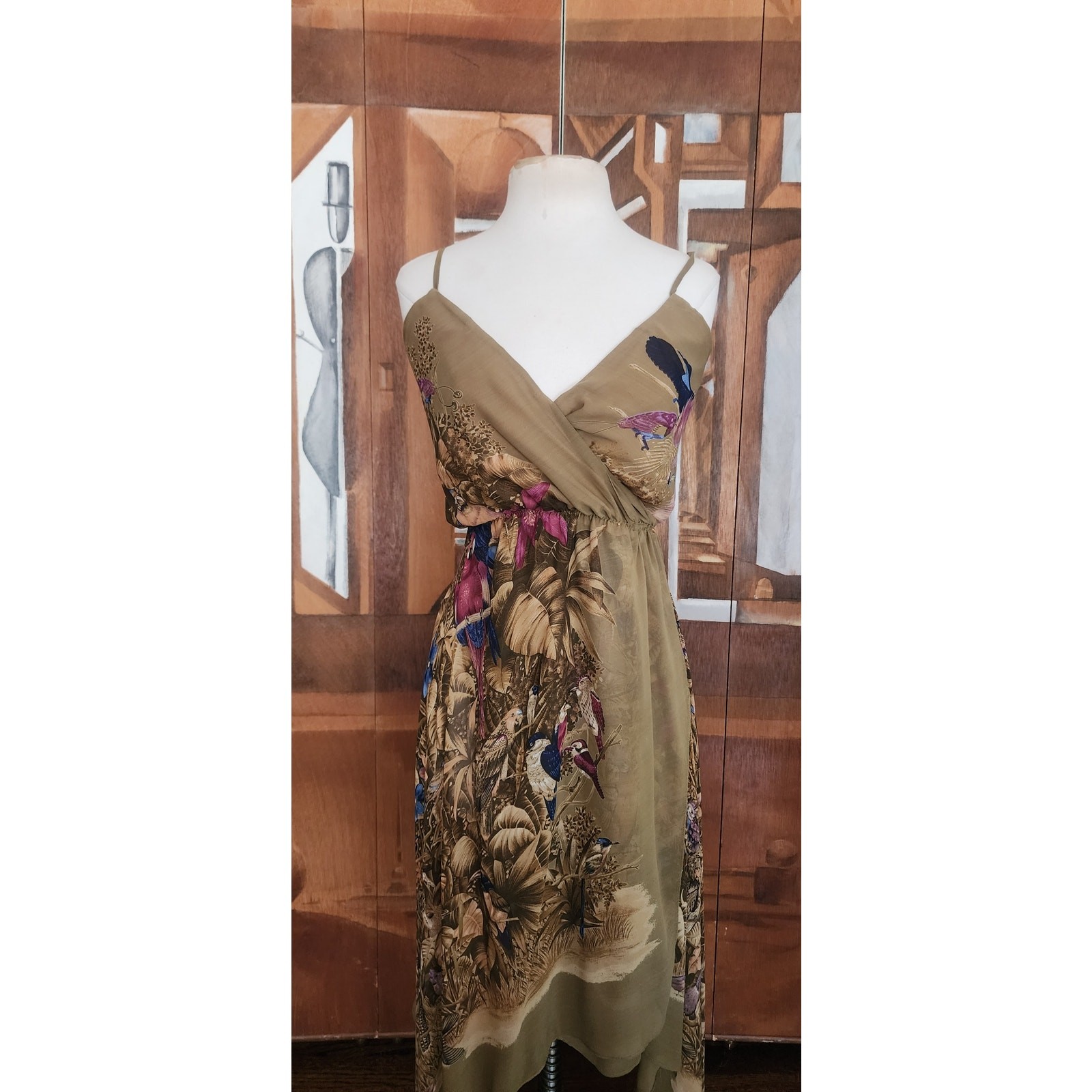 VTG 1970s Gianni Versace RARE Dress Silk Tropical Parrot Print Spaghetti Straps
