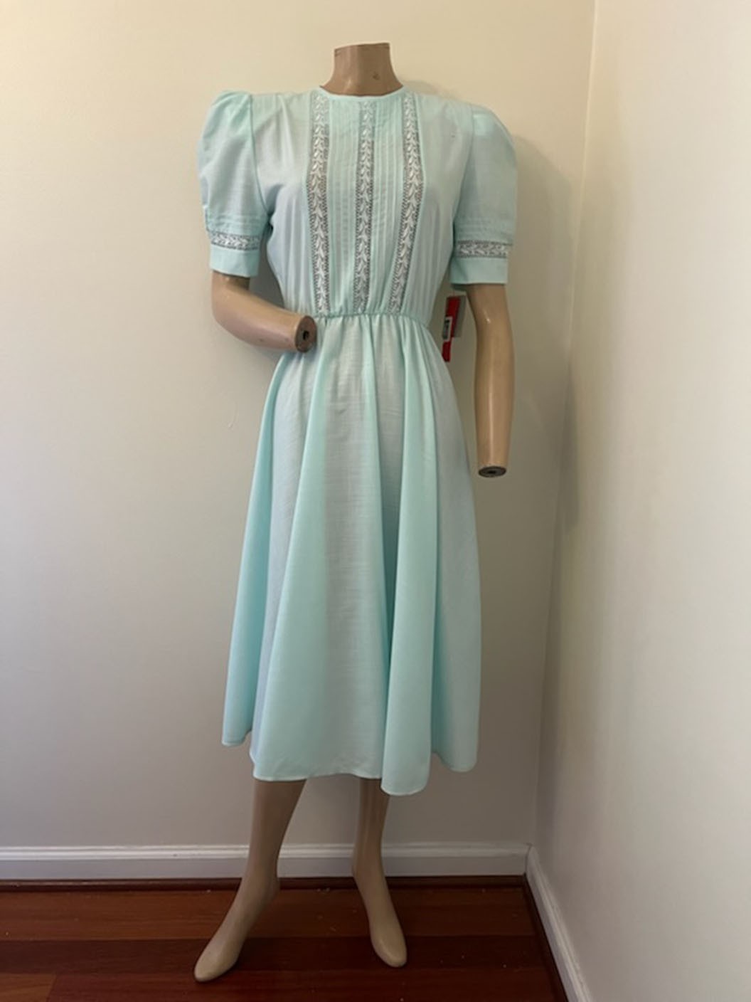 NWT Vintage 80s Leslie Fay Mint Green Puff Sleeve Crochet Secretary Dress XS/S