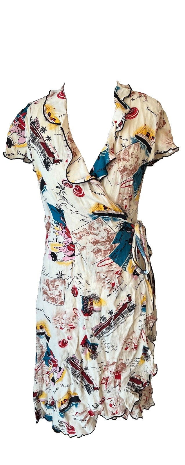 VTg Diva Dolls Dress Retro Mod Beach Diner Size S Ruffle Cap Sleeve Wrap