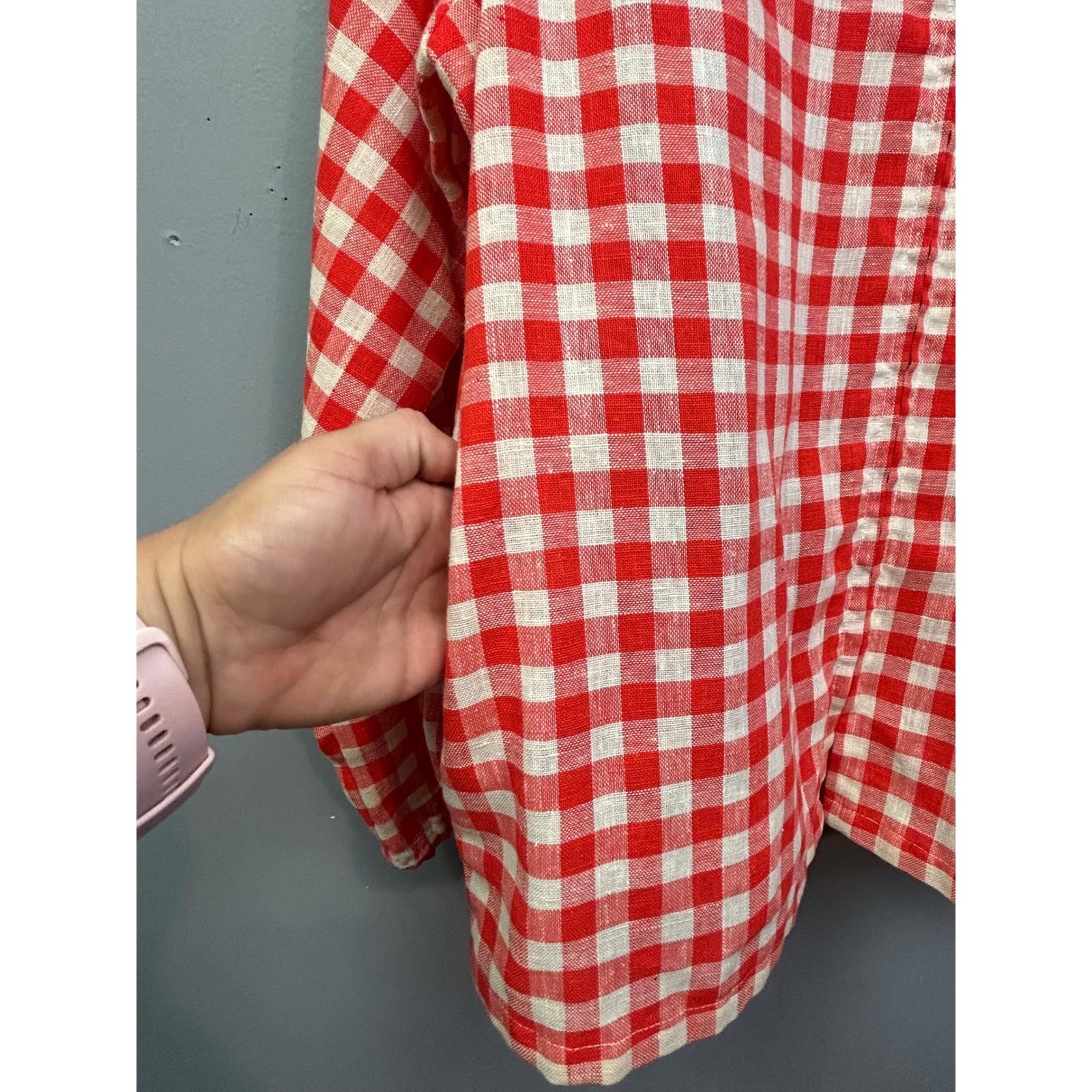 Cos Cob Blouse Women Medium Red Gingham Zip Up Mock Neck Long Sleeve Vintage