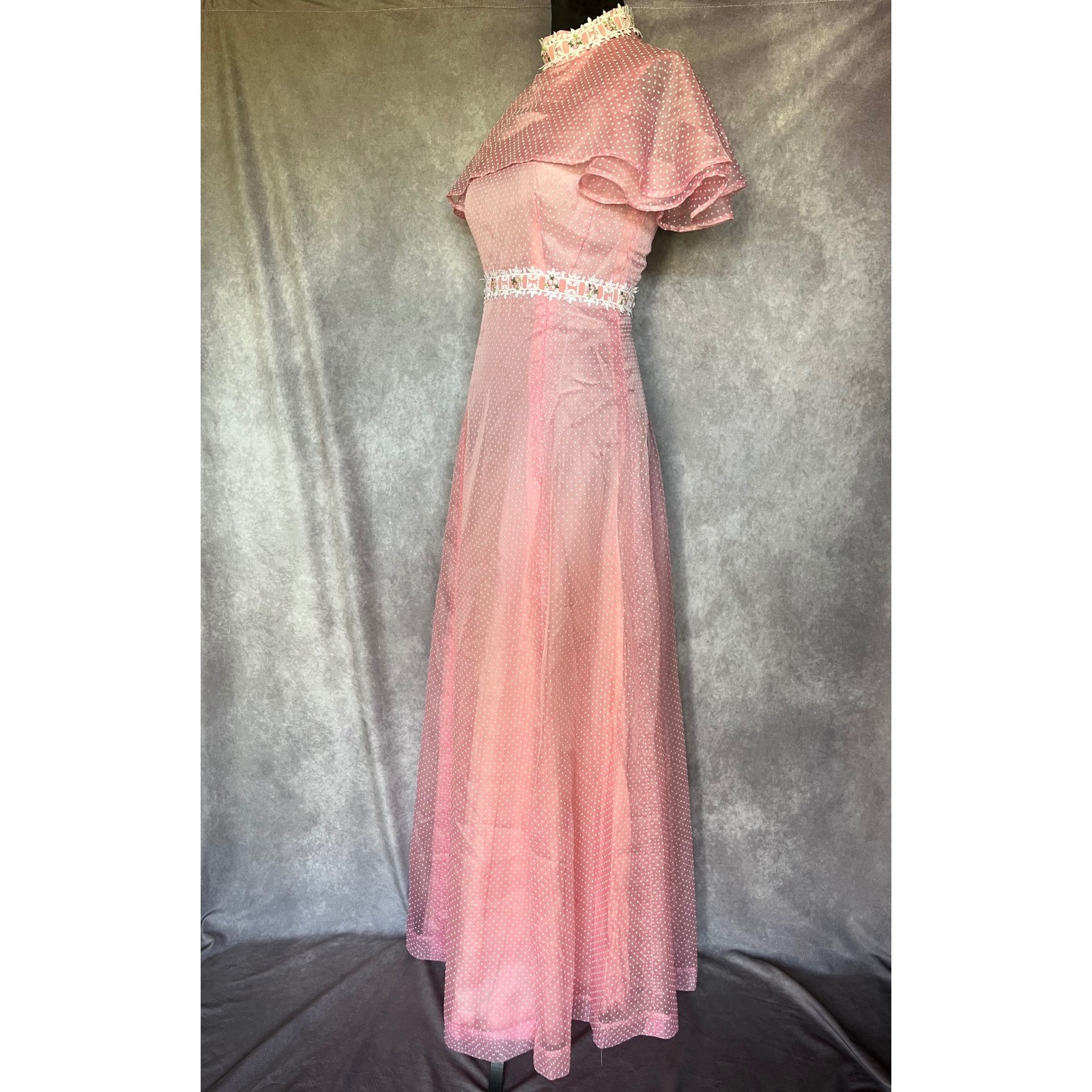 Vtg 50s 60s Pink Maxi Dress S Dotted Swiss Overlay Floral Lace Caped Gown MCM