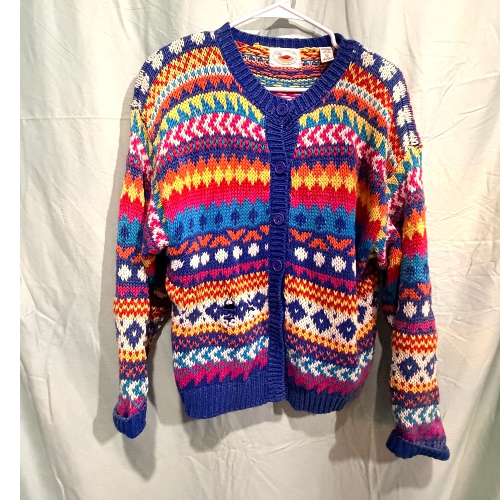 Vintage 80s Marsh Landing Hand Knit Cardigan PL Fair Isle Ramie Cotton Colorful