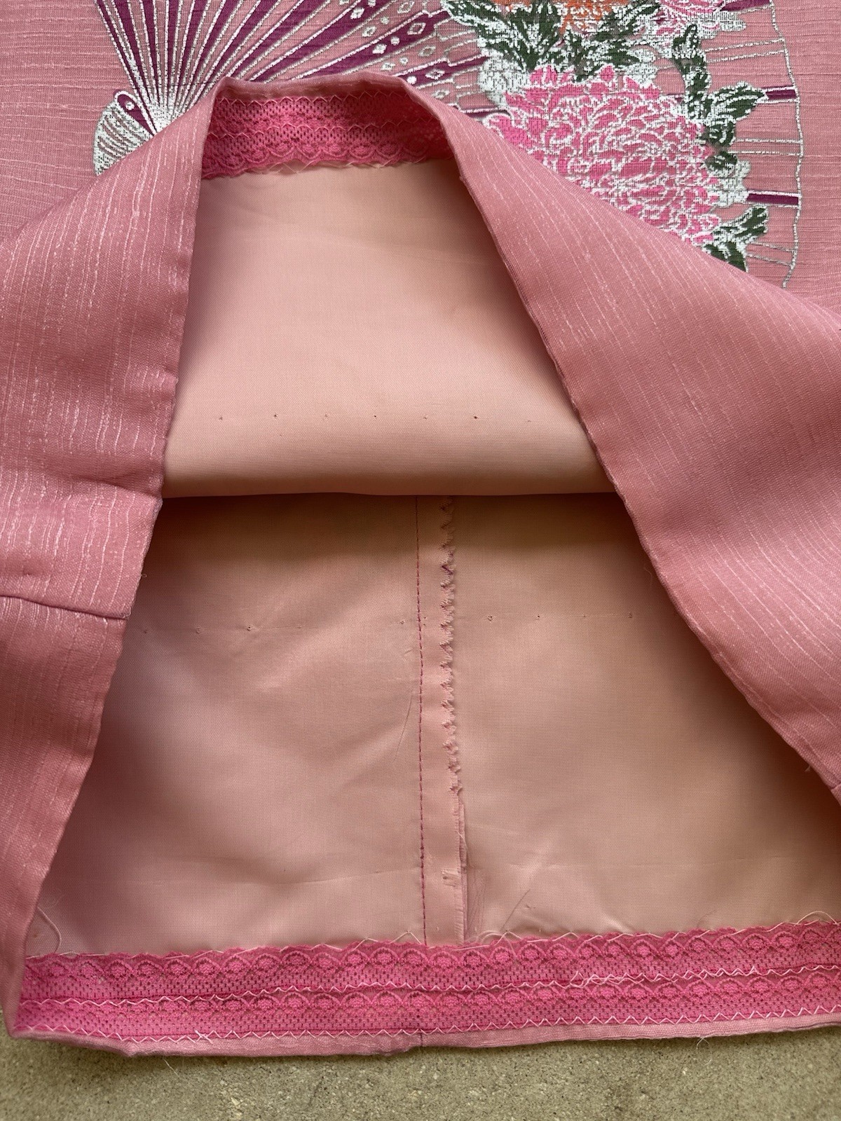 Vintage 60s 70s Alfred Shaheen Pink Fan Print Hostess Shift Dress Sheer Sleeve