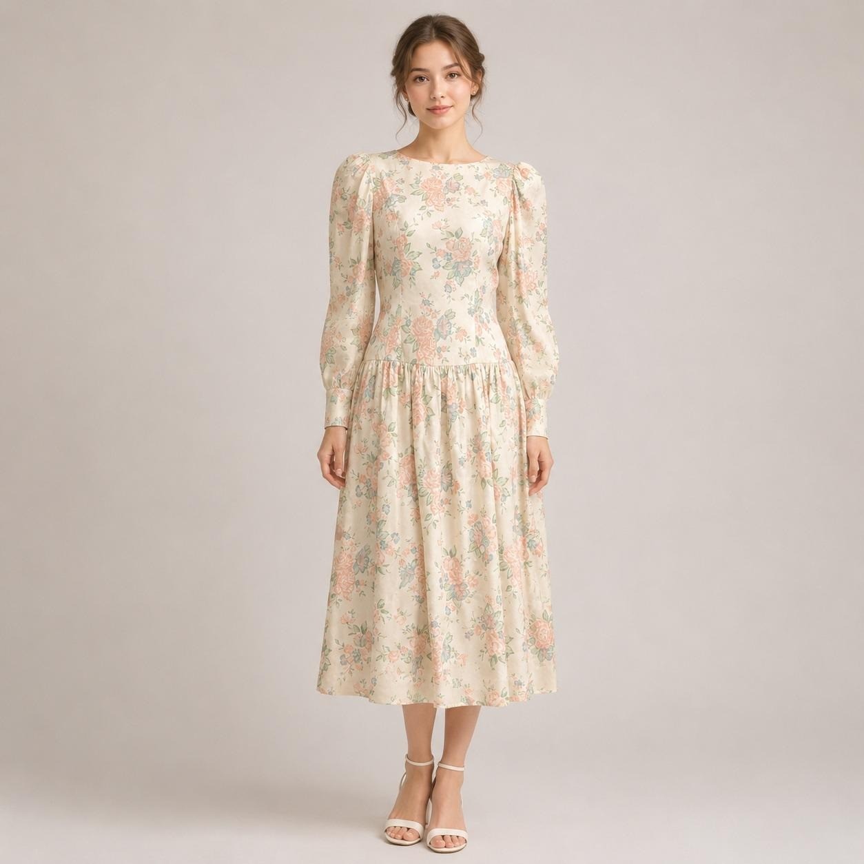 80s Pastel Floral Midi Dress Cottagecore Coquette Romantic Victorian Wedding