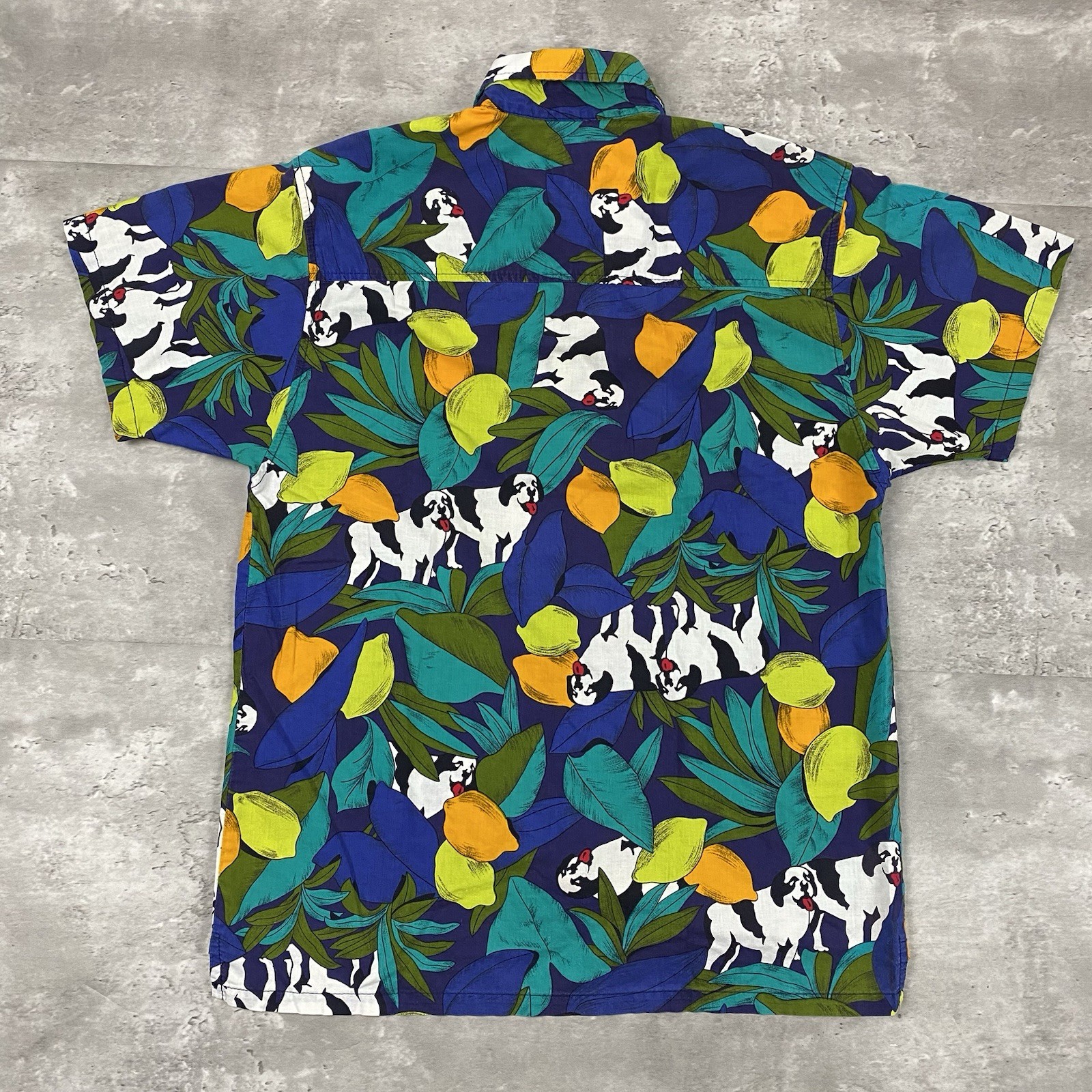 vintage 90s BIG DOGS womens button up shirt M Hawaiian Fruit Lemon Lime aop