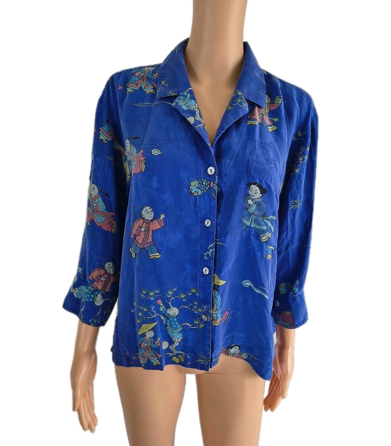 Vintage 80s 90s Chico’s Design Asian 100% Silk Blouse Royal Blue Size L