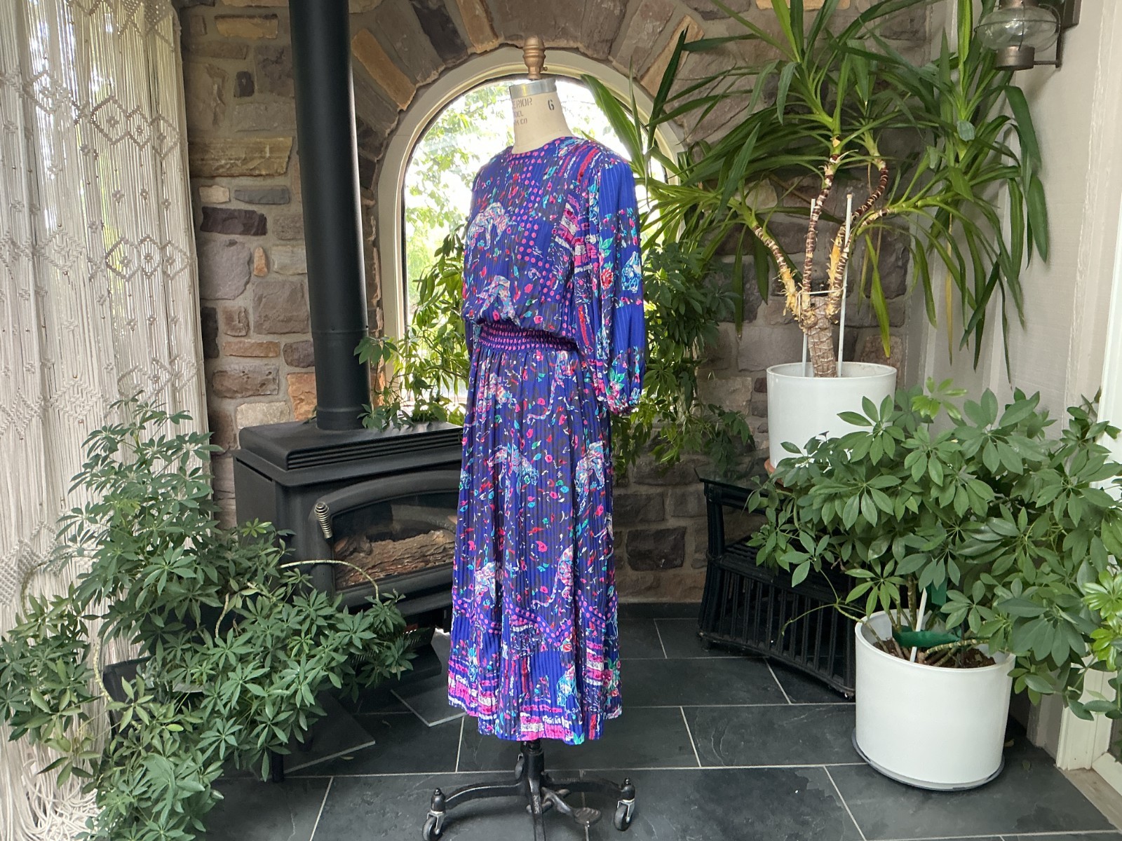 Vintage Blue and Pink Sequin Panther and Floral Print Midi Dress Diane Freis
