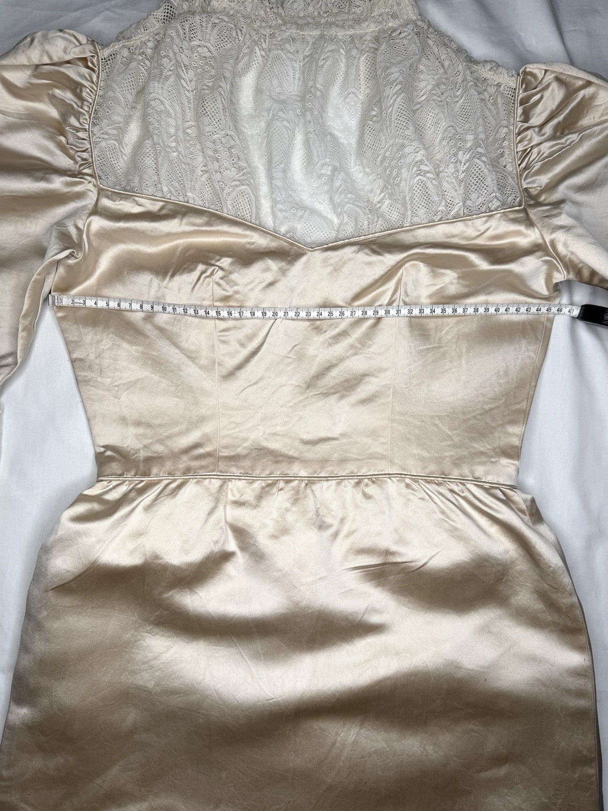 Vintage Size S Victorian Revival Wedding Dress Champagne Satin Lace Bustle Back