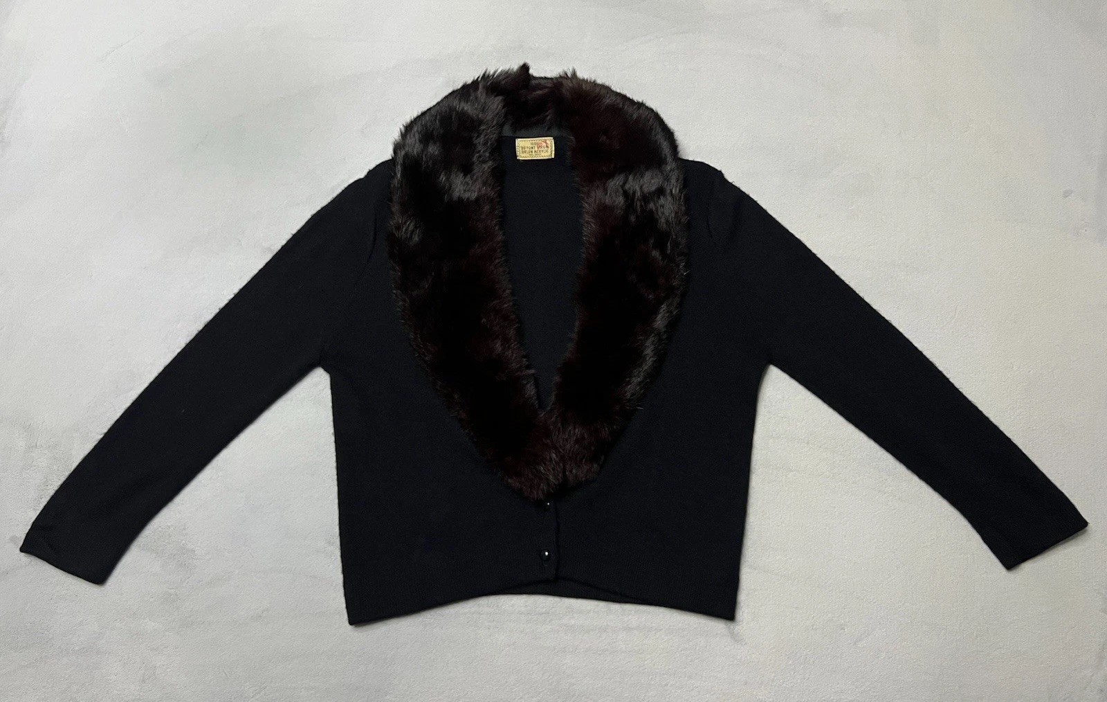 Vtg 50’s Du Pont Orlon Black Cardigan REAL MINK FUR Shawl Collar Sweater S/M