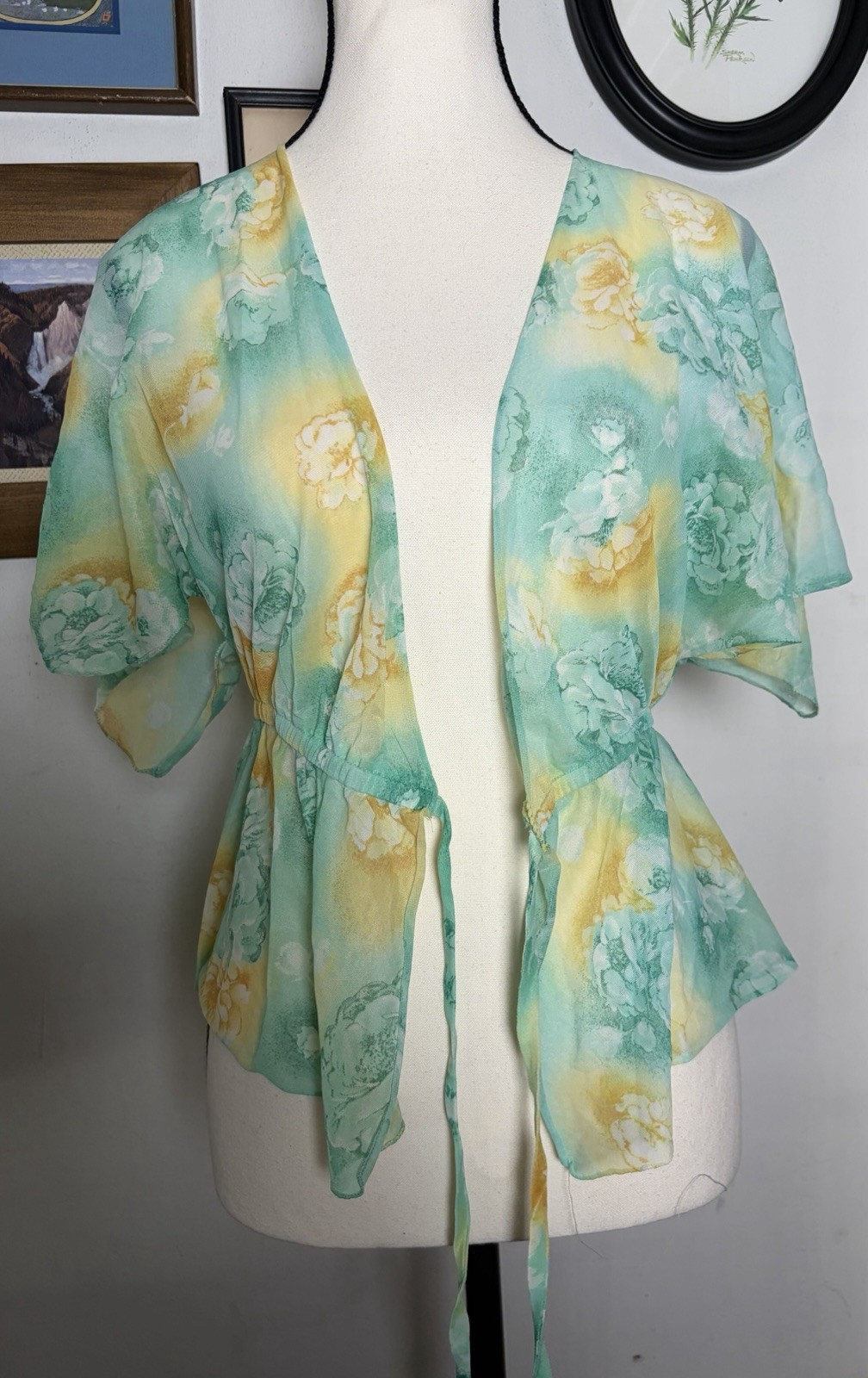 Vintage 70s Midi Dress W/ Sheer Cardigan Set Size 12 Green Yellow Floral