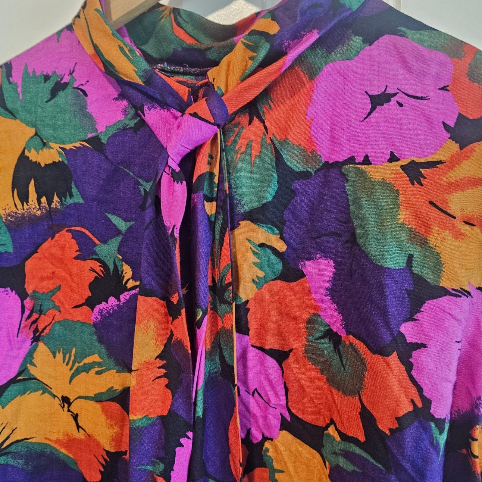 Vintage 80s Floral Blouse Women Large Purple Glam Career Mock Neck Boho Retro