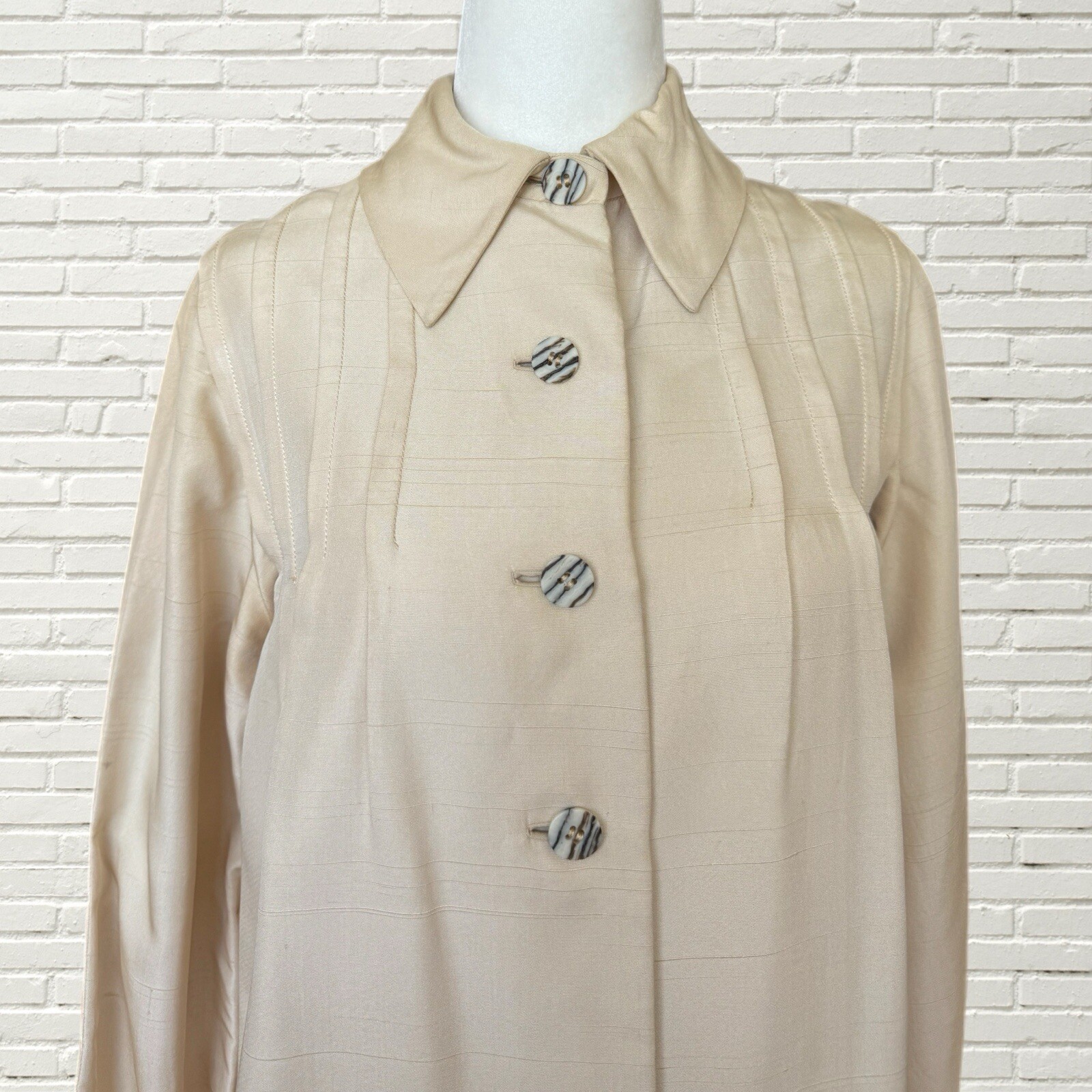 Vintage 60s Cream Silk Bill Blass Dress Button Front Pintuck Pleating
