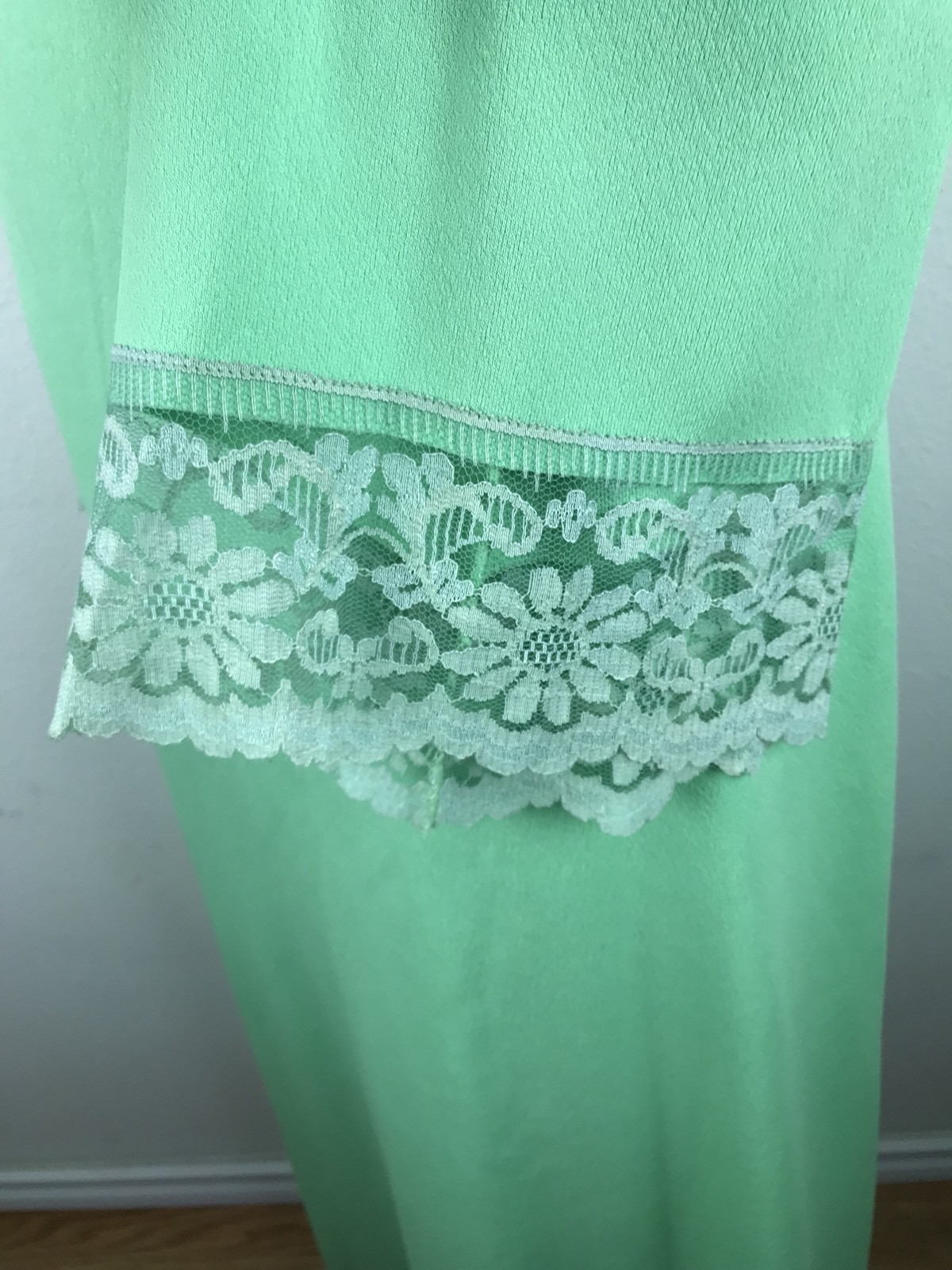 Vintage 1960s Maxi Dress Polyester Floral Lace Long Sleeves Green M L