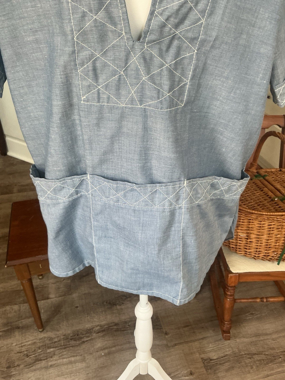 VTG 70s Haitian Chambray Embroidered Skipper Shirt Tunic Boho Cabana Medium M