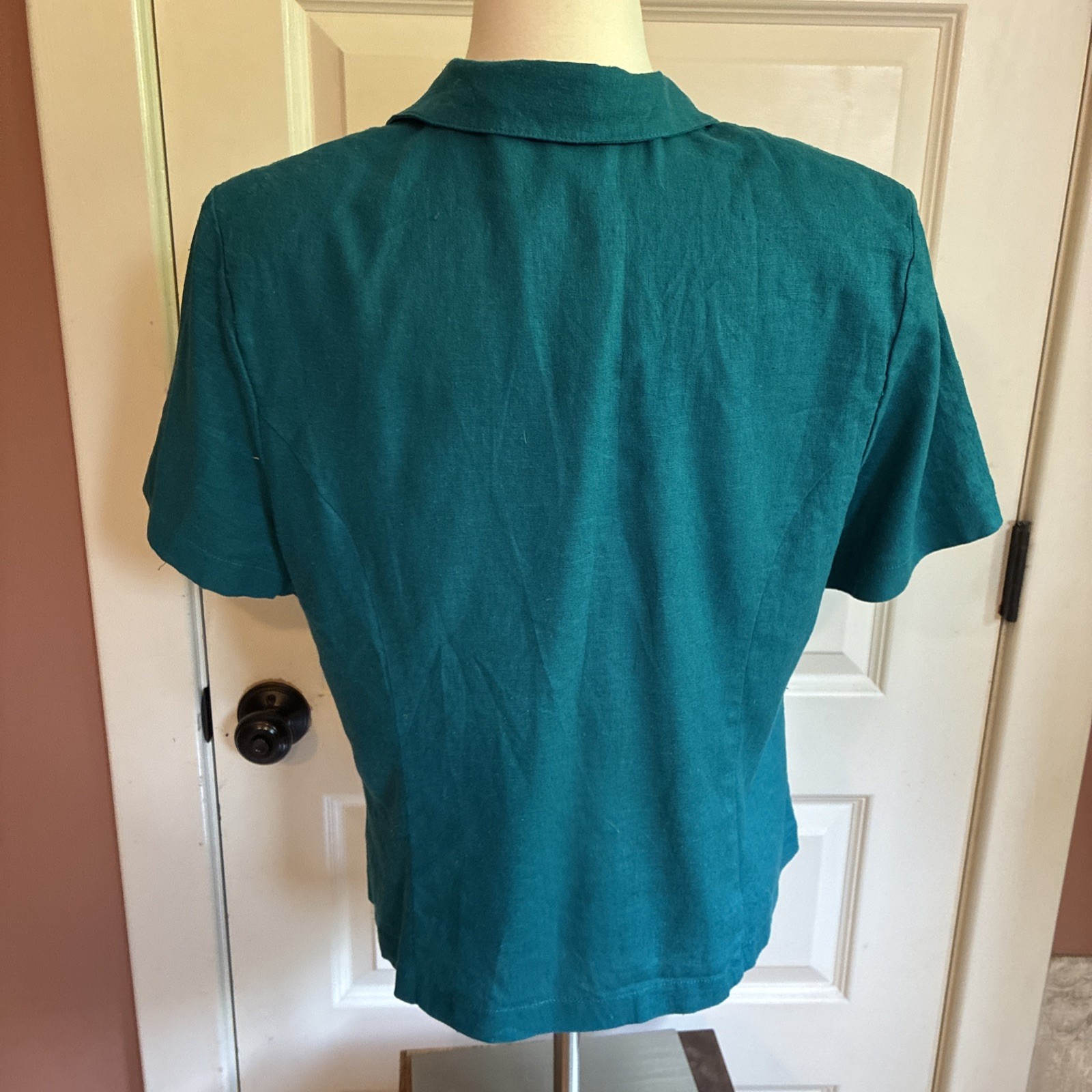 Vintage Linen Teal Collared Button Up Blouse Large Short Sleeve Blue Green 90s