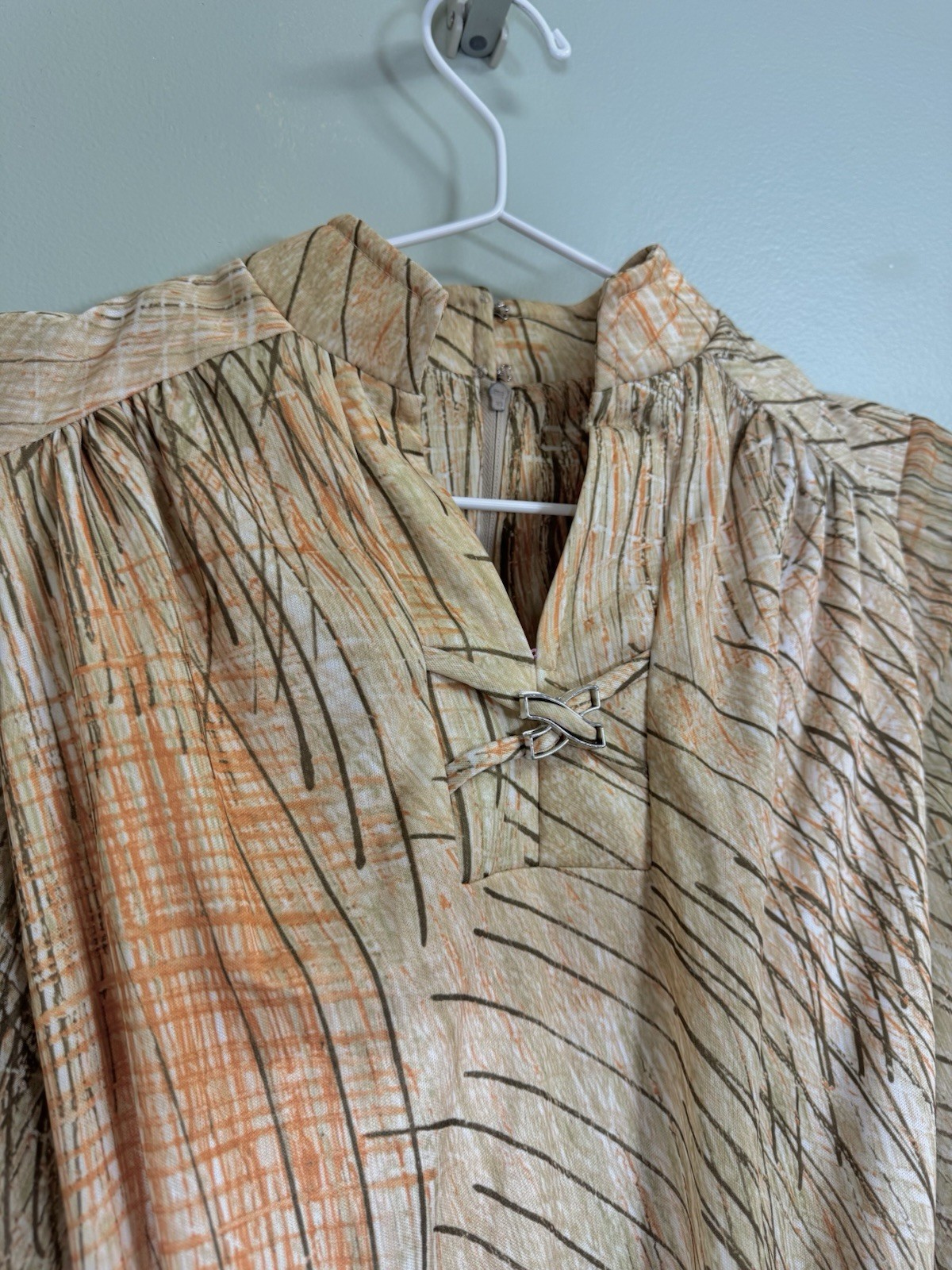 Vintage 1970s Abstract Print Tie Waist Dress | Long Sleeve Earth Tone Midi