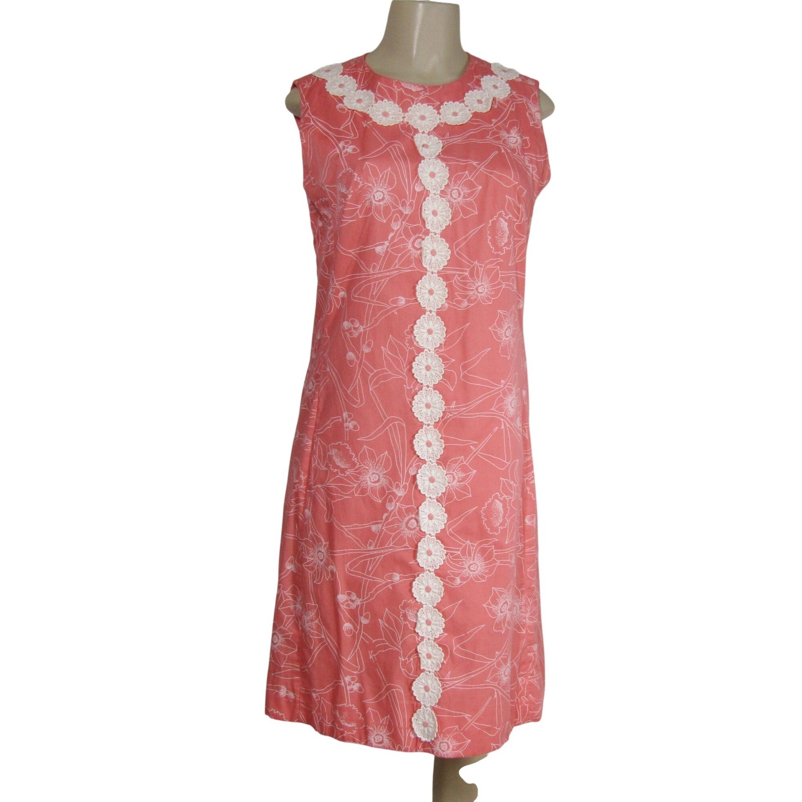 VTG 60s 70s MOD Floral Coral Pink Retro Tropical Mad Men Shift Summer Dress S M