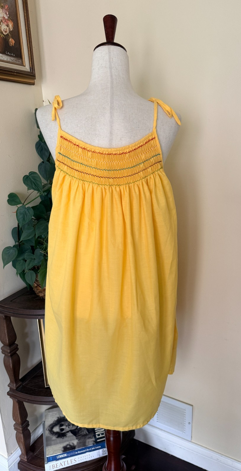 Handmade Artisan Mexican Style Embroidered Bird Smocked Sundress Tie Sleeves