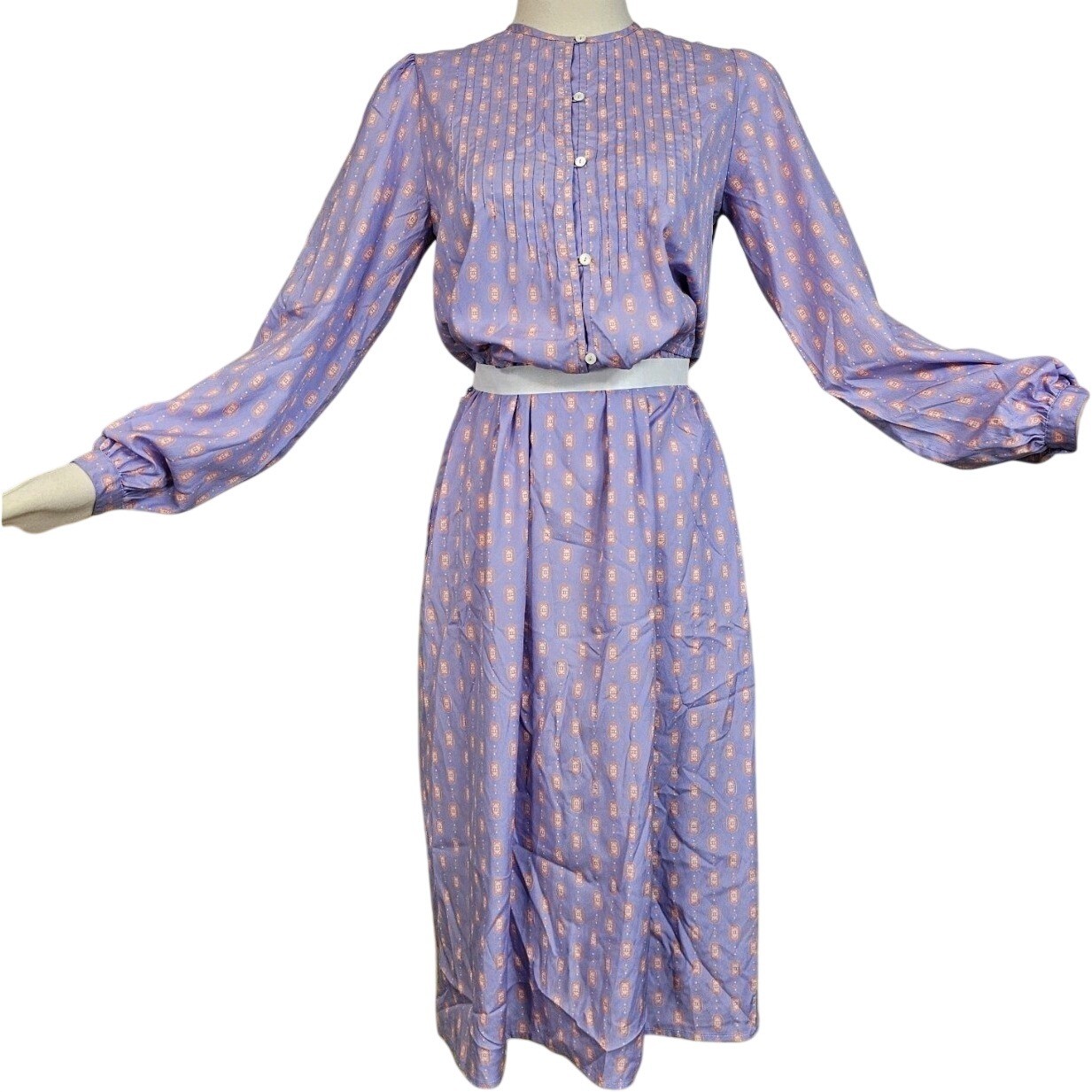 Vintage 1980’s Dress Lilac Purple Print Long Sleeve Silky Retro Button Front
