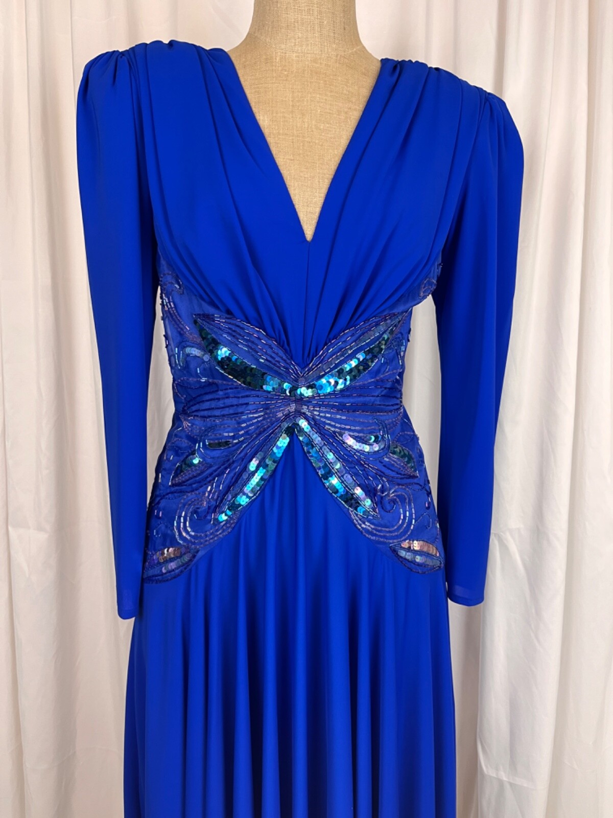 Casadei c1982 Blue Long Sleeve V Neck Beaded Waist Fit & Flair Midi Dress SZ 10