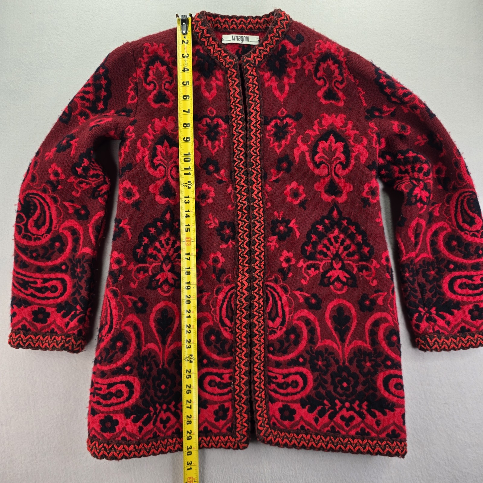 I. Magnin Womens Wool Jacket Sweater Black Red 36×30 Icelandic Floral Splash