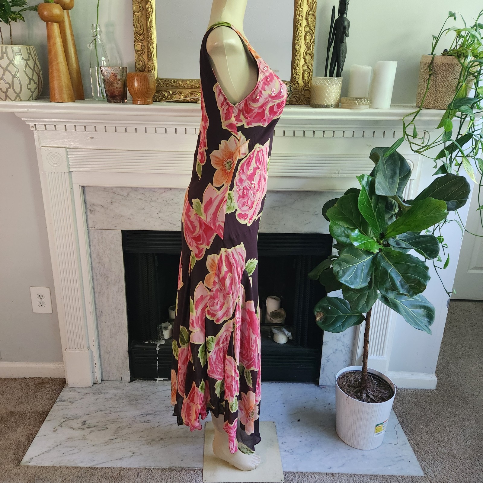 Vintage Y2K Brown Floral Tank Dress Pink Maxi Sequin Romantic Boho Size Large
