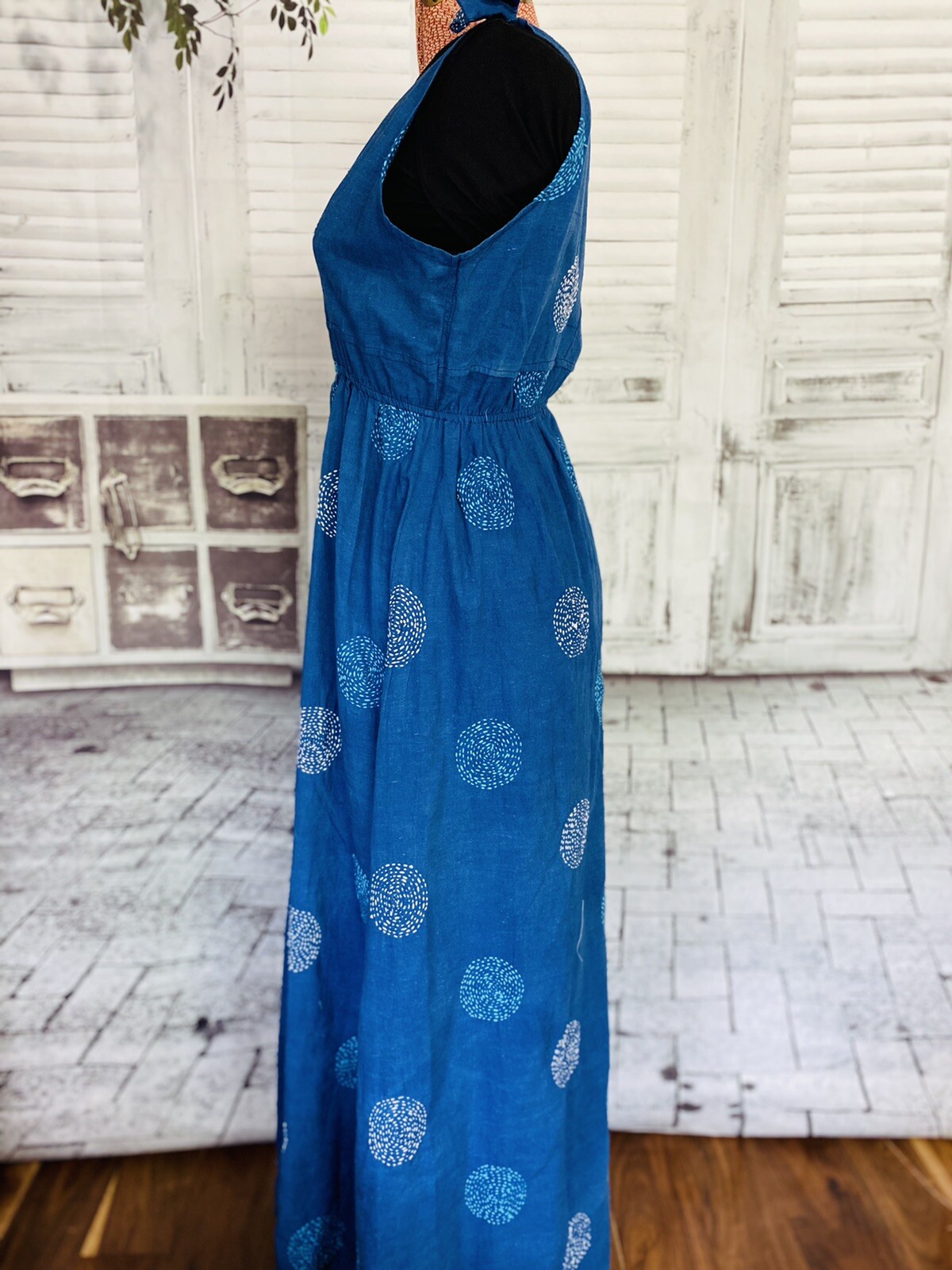 HANDMADE INDIGO KANTHA/SASHIKO EMBROIDERY GEOMETRIC MAXI DRESS SKILLED ARTISANS