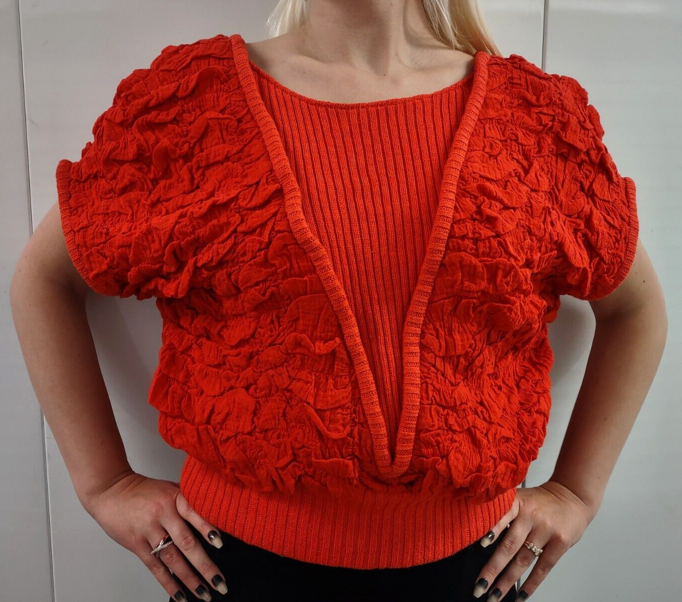 Orange Red Sweater Top 80s Evening Wear Couture Disco Club High Fashion M / L