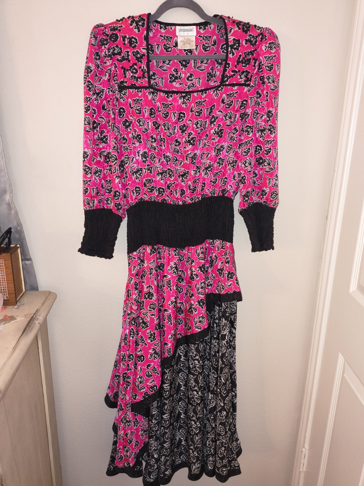 Vintage 1980s Misses’ Hot Pink Black Floral Sequin Shoulder Pad Dress Smocked…