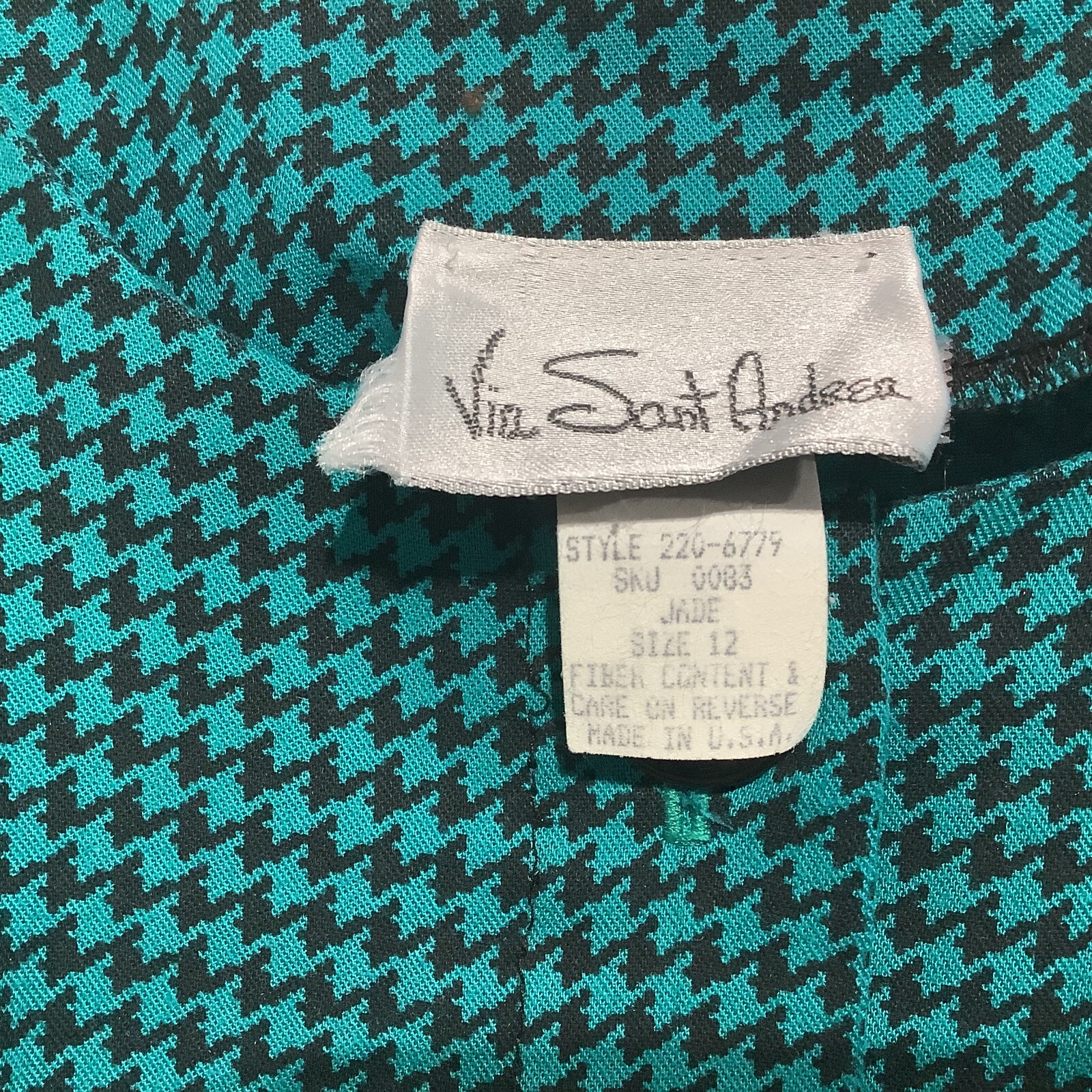 Vintage Via Sant Andrea Dress Jade Green Houndstooth 1/2 Button Peasant Sz12 USA