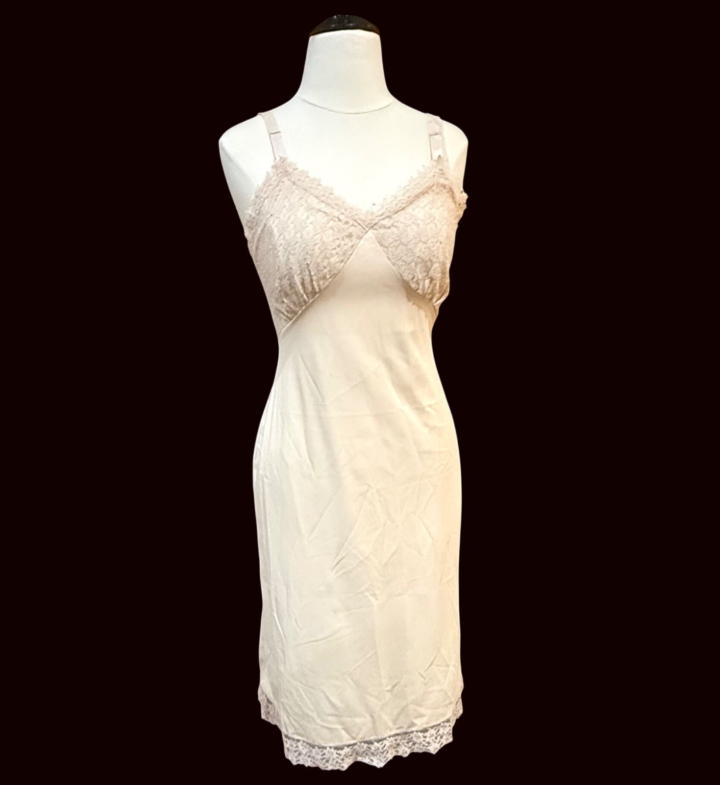 vintage size 34 Nancy King beige nude slip dress midi lace cups, twisted strap