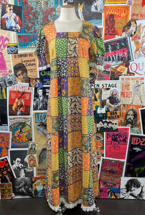 Vtg 70s Colorful Patchwork Print Puff Sleeve Maxi Boho Hippie Dress S/M Retro