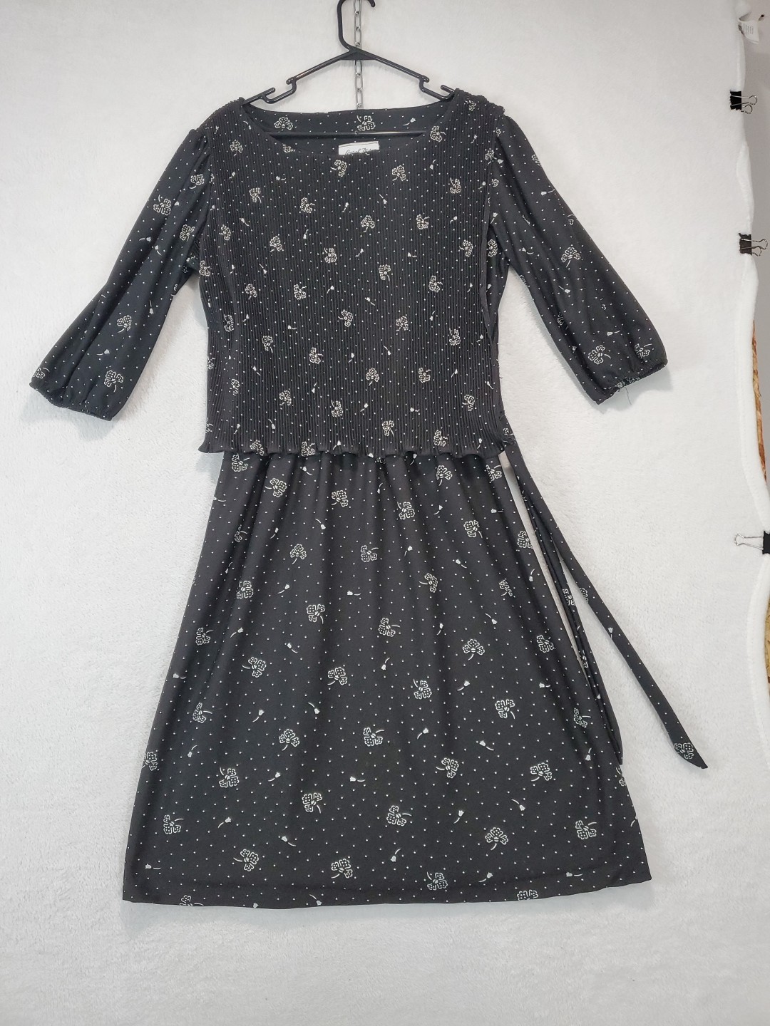 Vtg 70s Laurel Ridge Black Floral Midi Dress Smocked Overlay Top A Line Sz 15/16