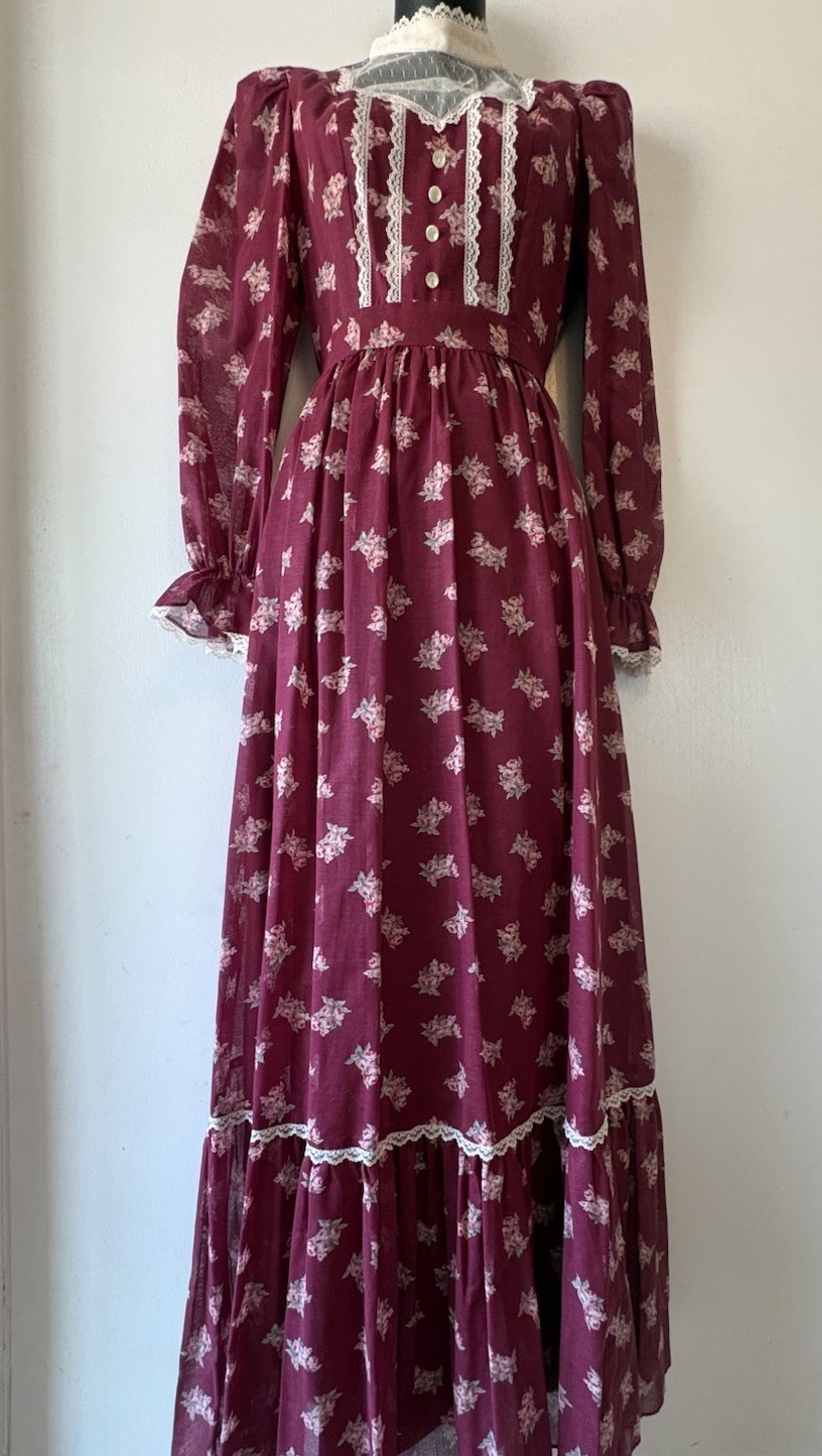 VTG Candi Jones California Prairie Dress High Neck Maxi Cottagecore Lace SZ 2/4