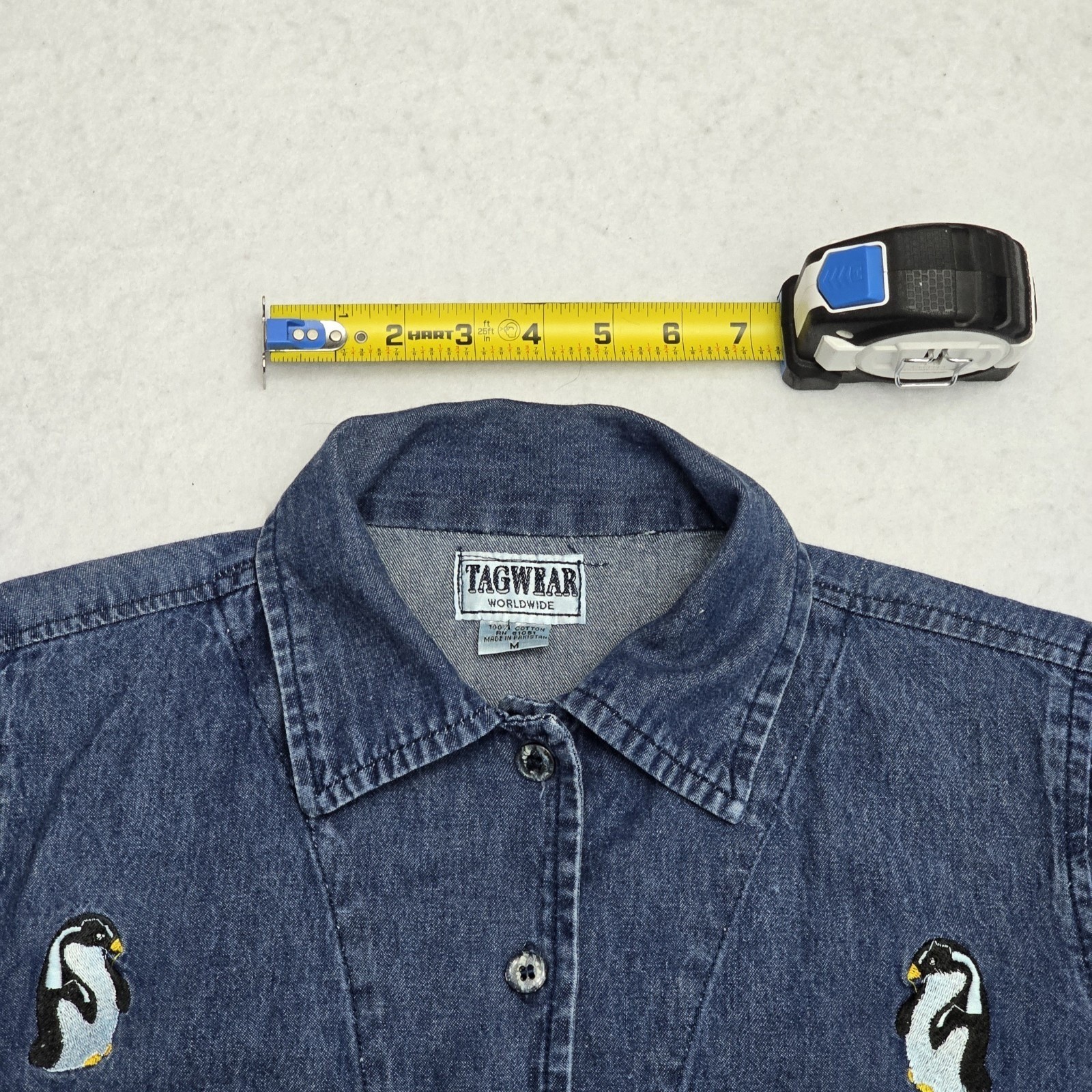 Tagwear Worldwide Vintage Blue Denim Penguin Embroidered Button Down Shirt Med