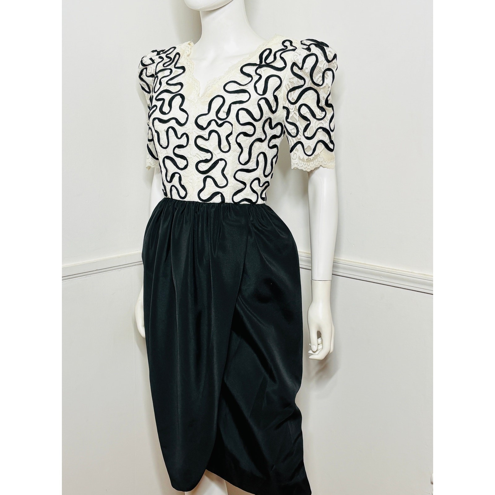 Small 1980s Vintage Black and White Lace Dress by Huey Waltzer for Darcy