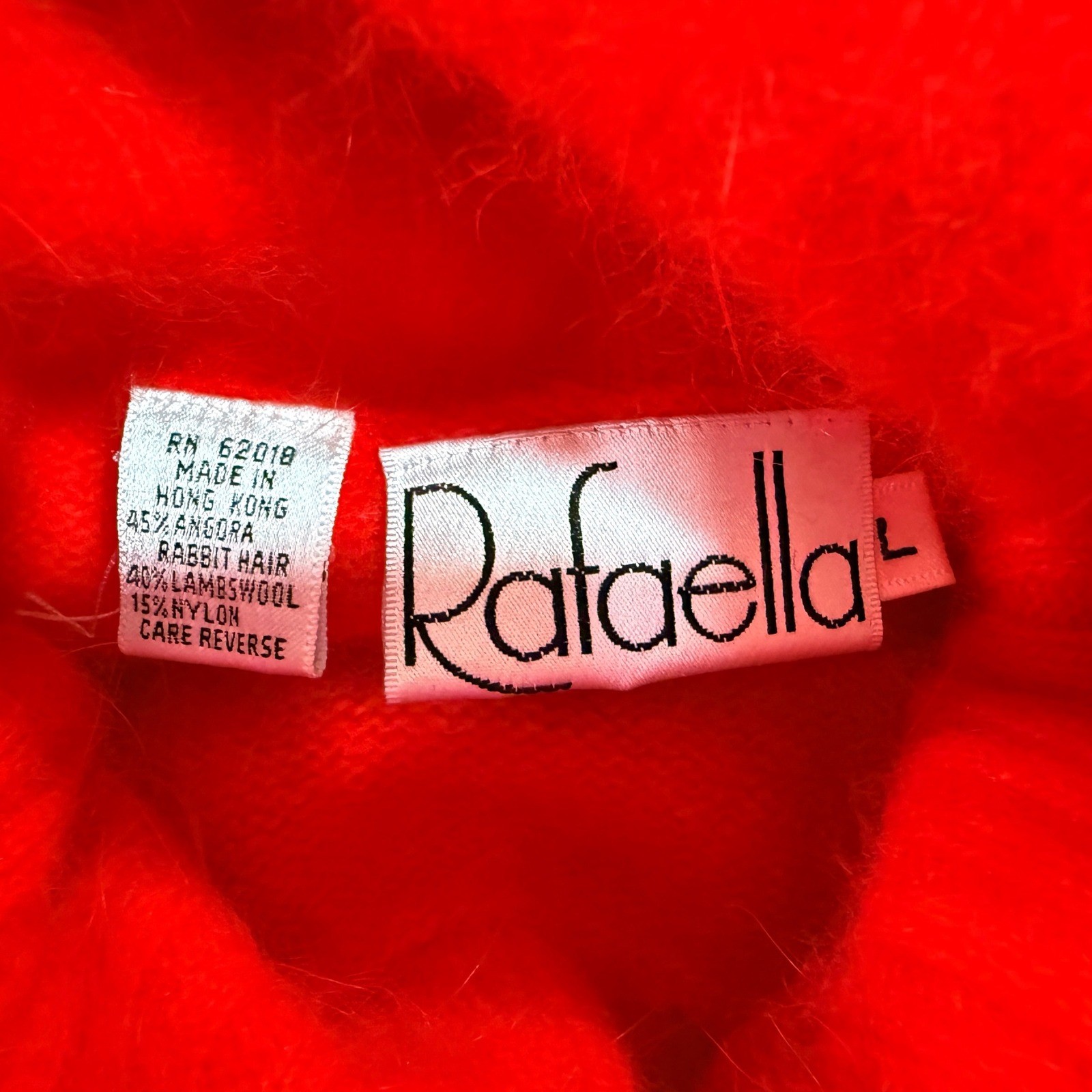 Vintage Rafaella Angora Rabbit Lambswool Sweater L Red Floral 3D Applique